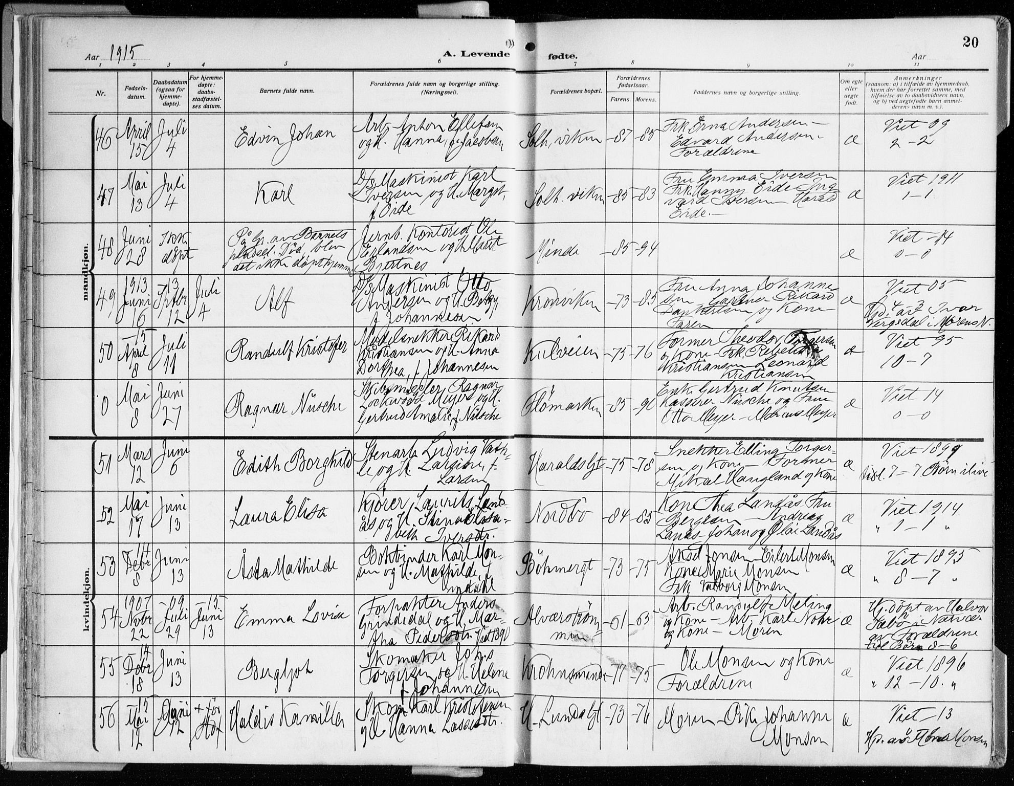 Årstad Sokneprestembete, AV/SAB-A-79301/H/Haa/L0003: Parish register (official) no. A 3, 1914-1919, p. 20
