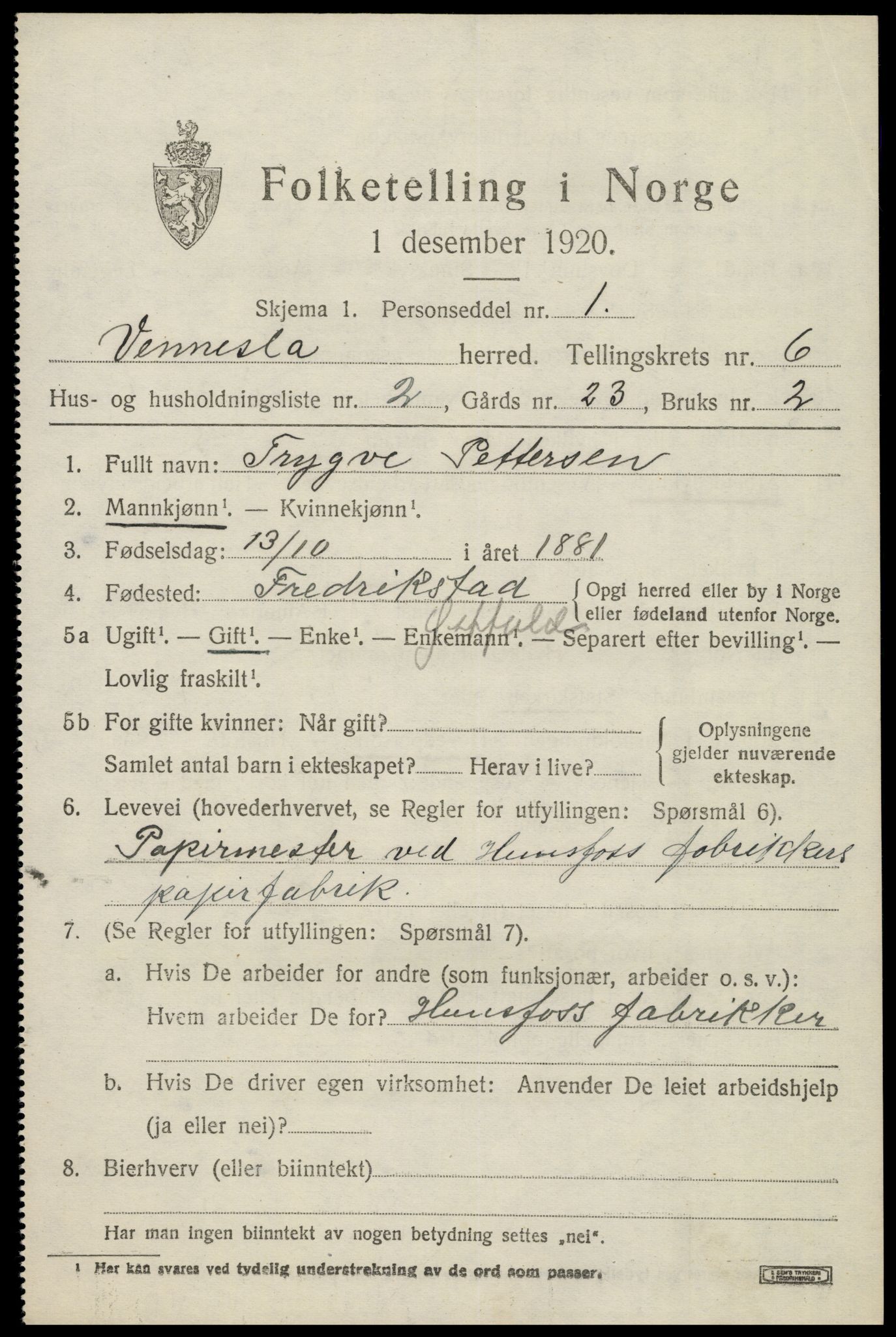 SAK, 1920 census for Vennesla, 1920, p. 4318