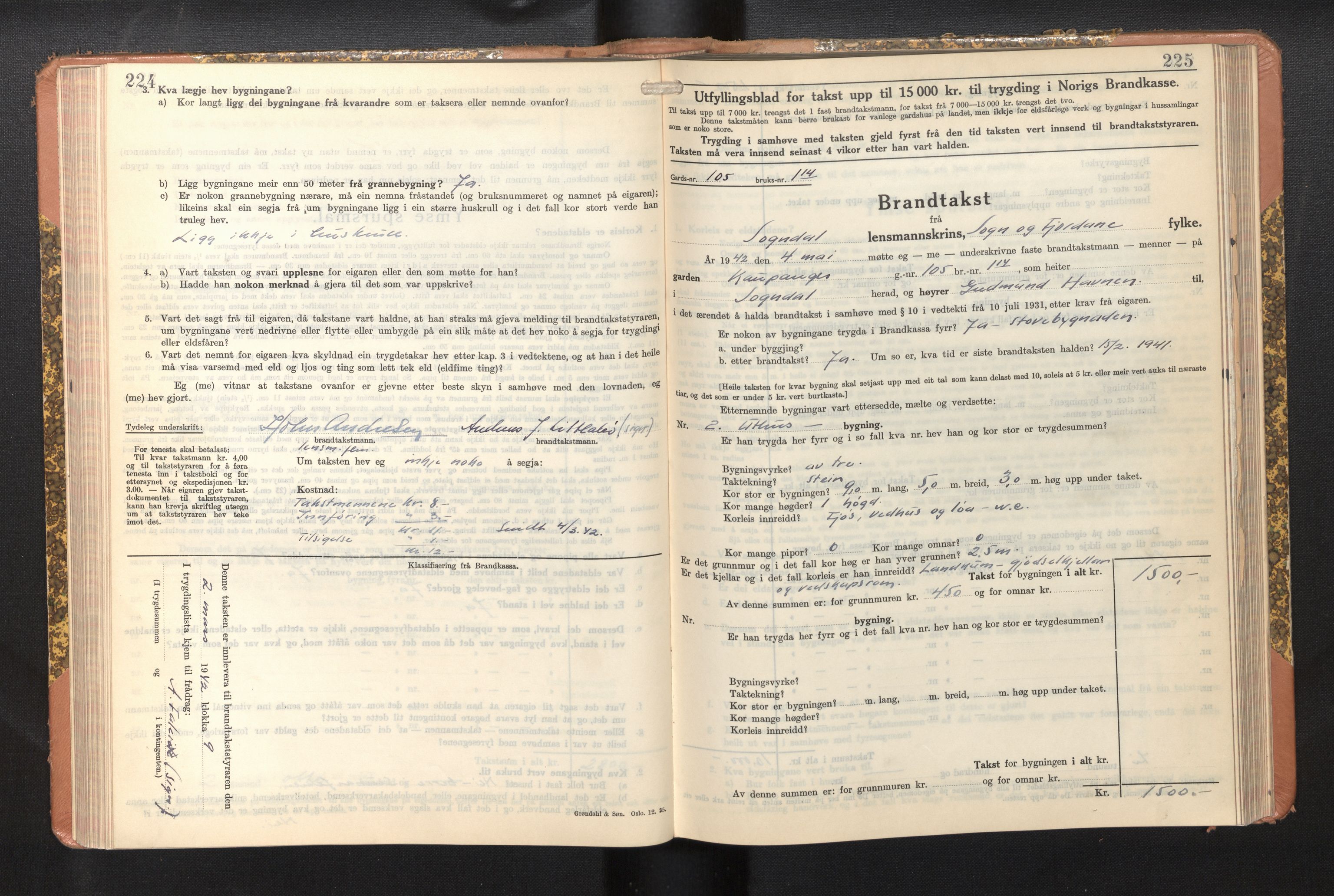 Lensmannen i Sogndal, AV/SAB-A-29901/0012/L0014: Branntakstprotokoll, skjematakst, 1938-1950, p. 224-225