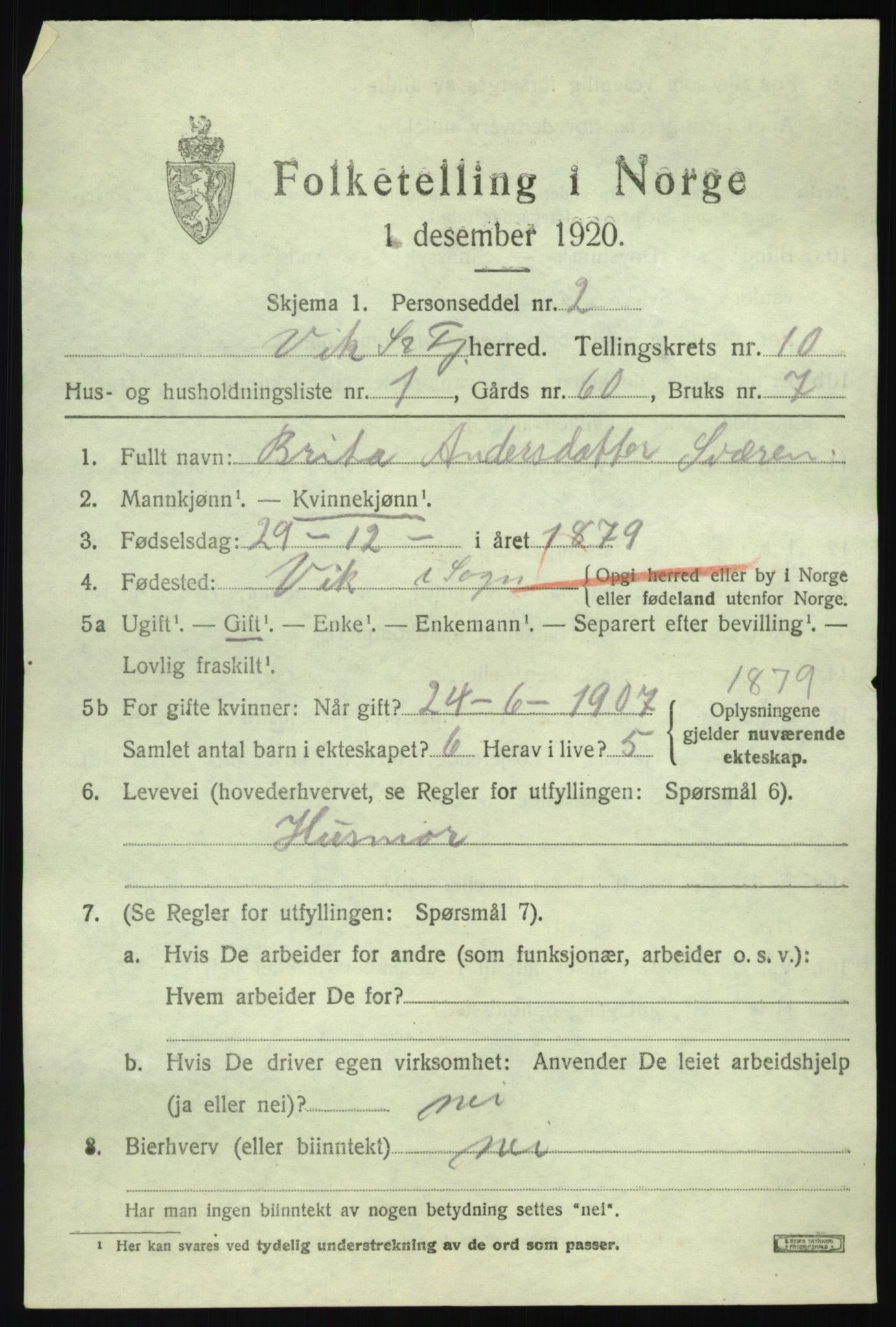 SAB, 1920 census for Vik, 1920, p. 6107