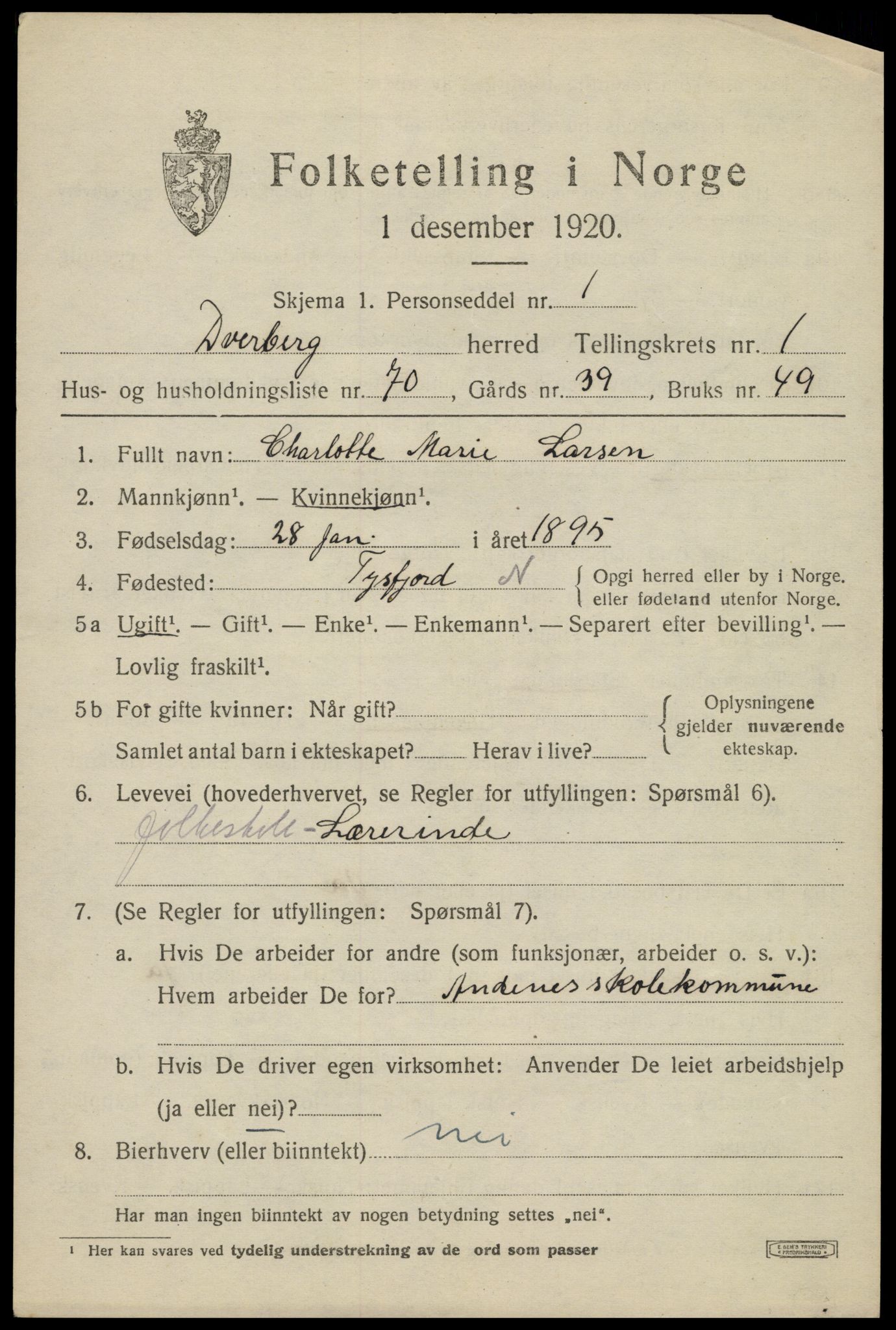 SAT, 1920 census for Dverberg, 1920, p. 2690