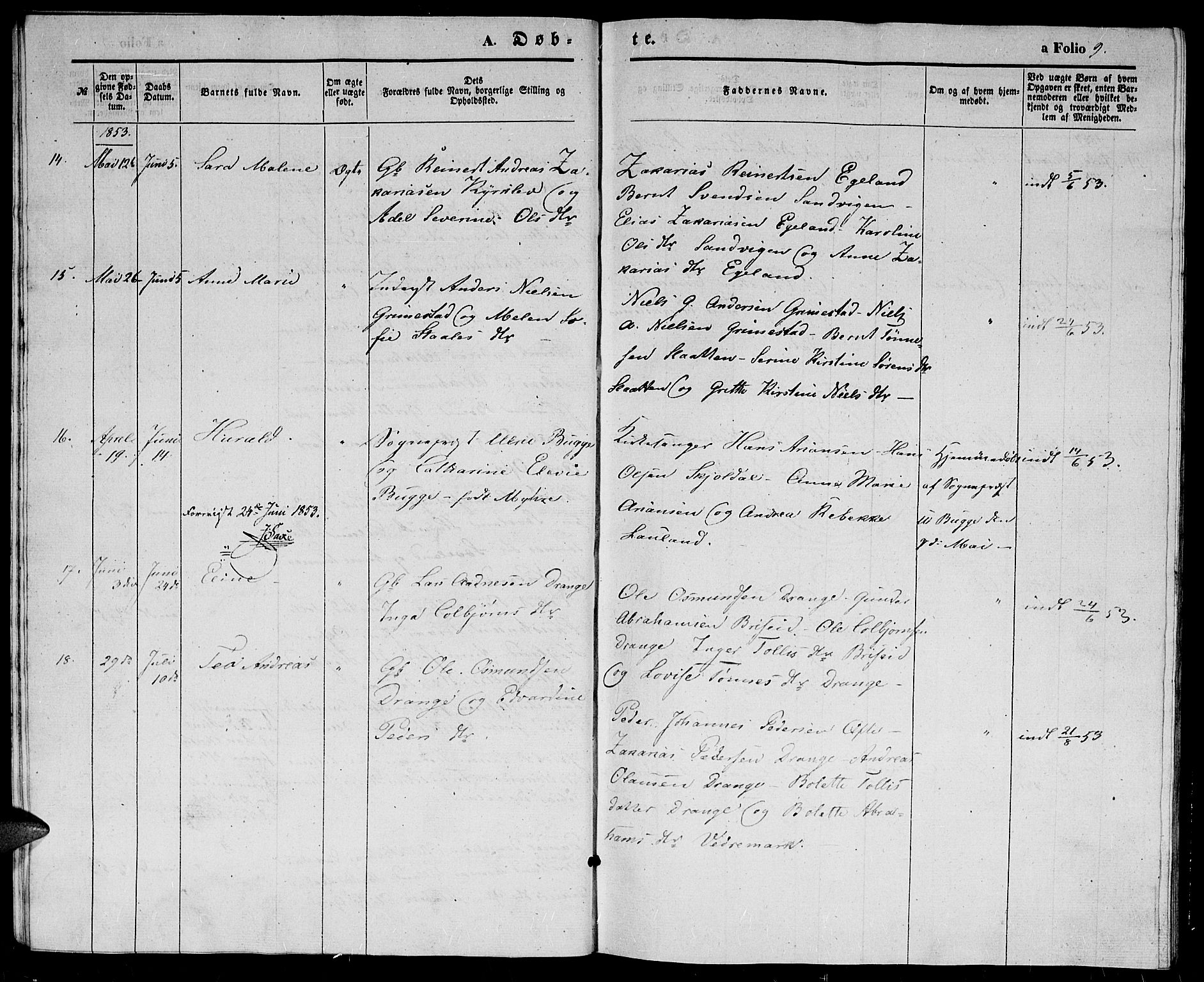 Herad sokneprestkontor, AV/SAK-1111-0018/F/Fb/Fba/L0002: Parish register (copy) no. B 2, 1852-1862, p. 9