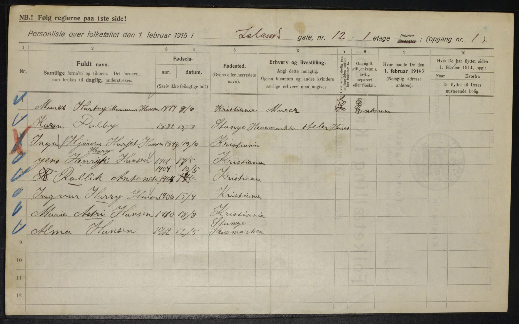 OBA, Municipal Census 1915 for Kristiania, 1915, p. 44166