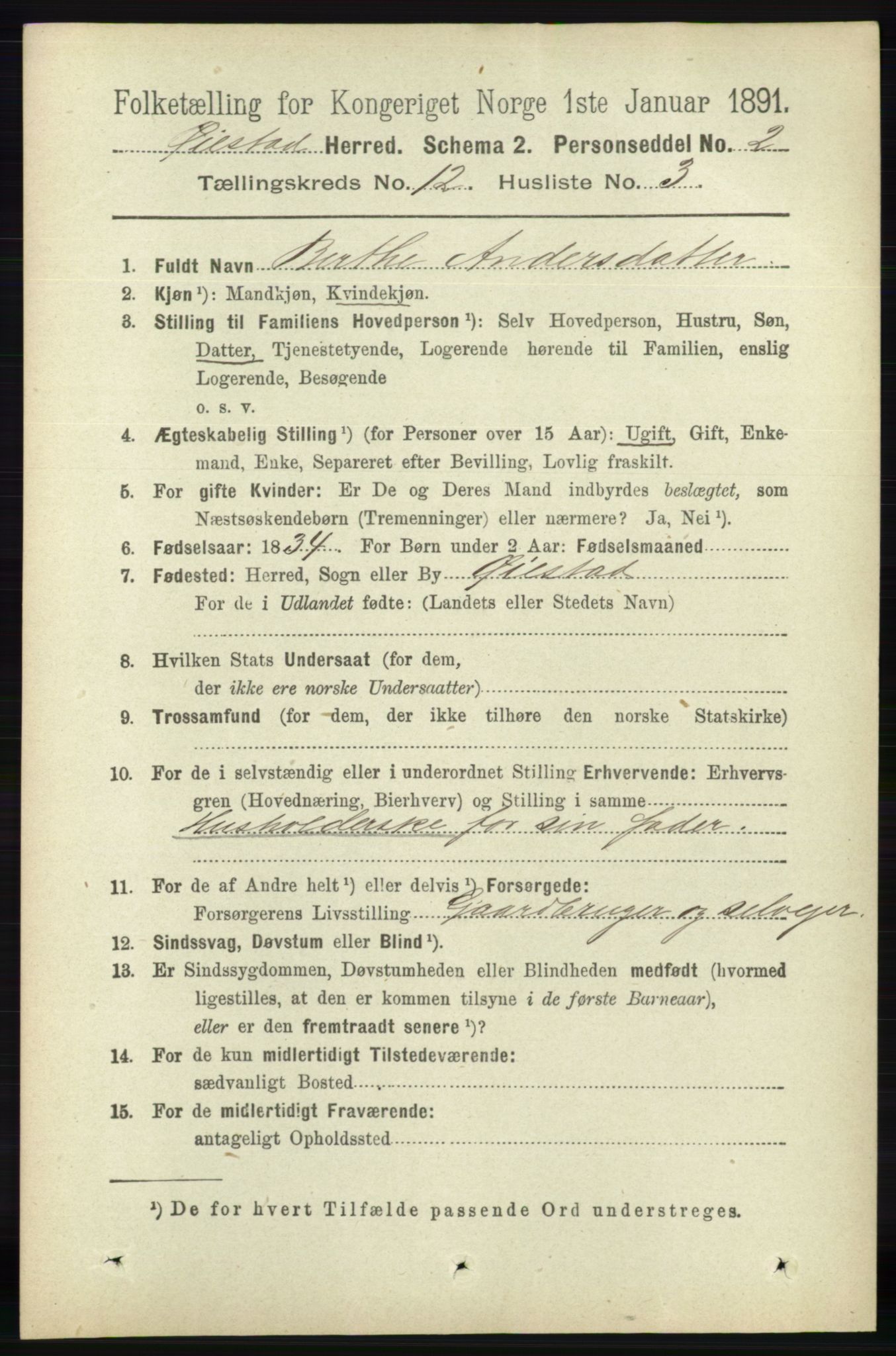 RA, 1891 census for 0920 Øyestad, 1891, p. 5449