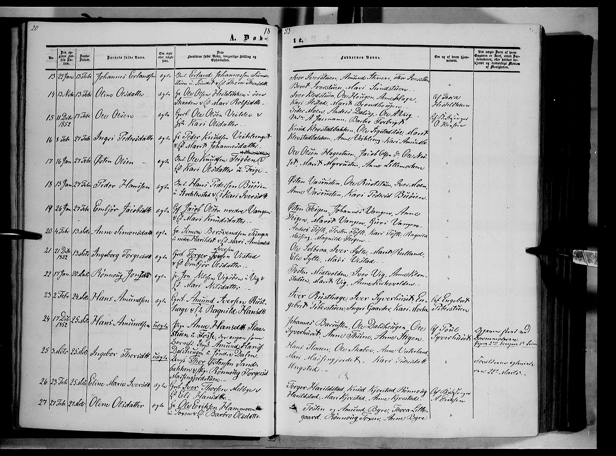 Nord-Fron prestekontor, AV/SAH-PREST-080/H/Ha/Haa/L0001: Parish register (official) no. 1, 1851-1864, p. 20