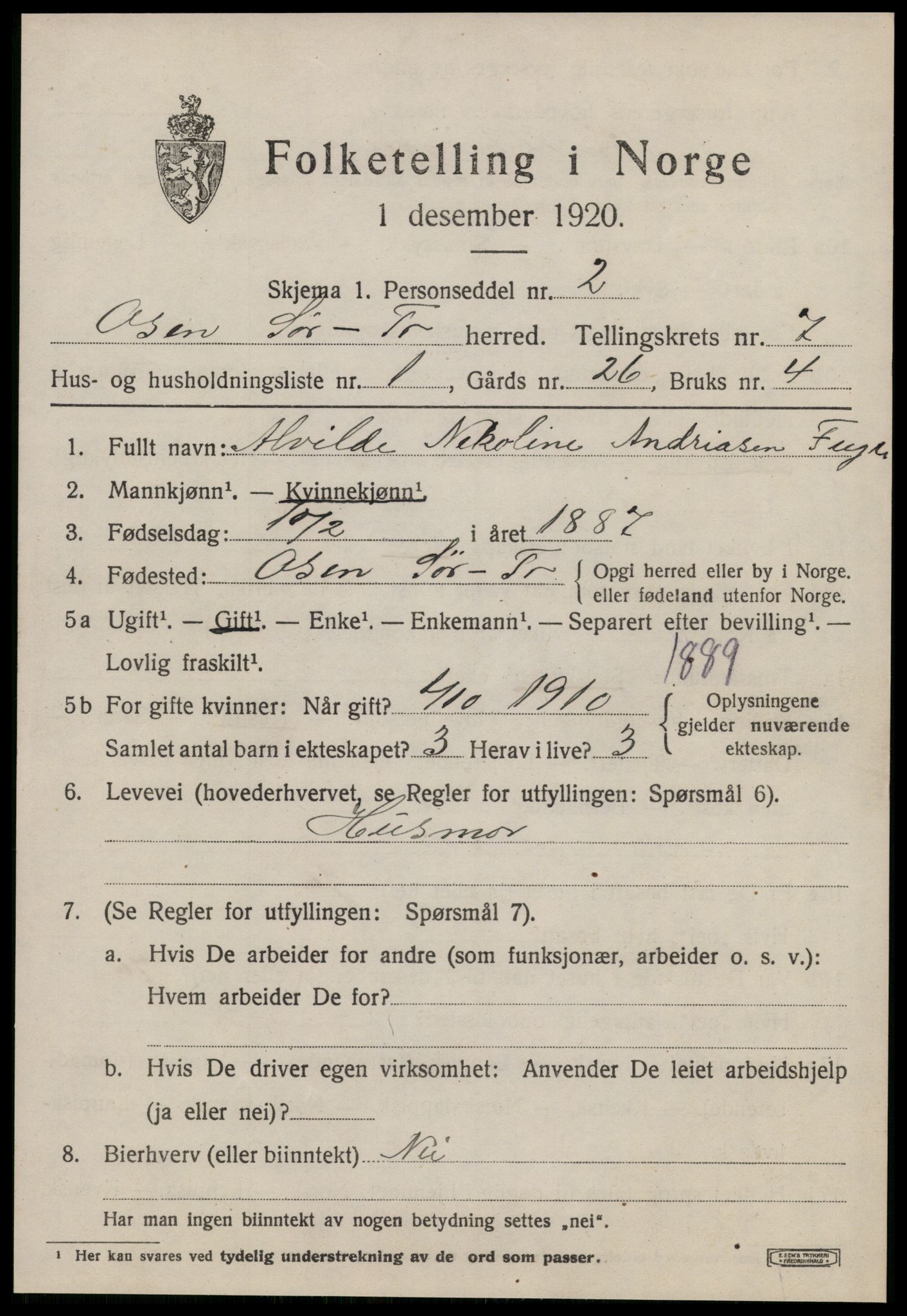 SAT, 1920 census for Osen, 1920, p. 3139