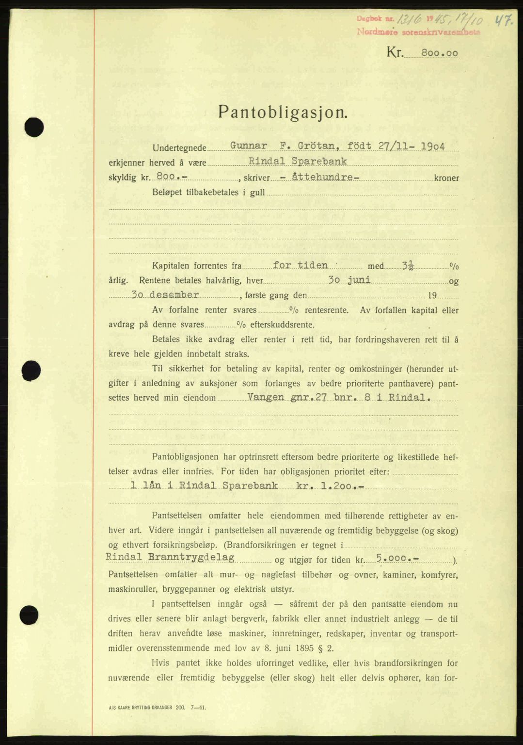 Nordmøre sorenskriveri, AV/SAT-A-4132/1/2/2Ca: Mortgage book no. B93a, 1945-1945, Diary no: : 1316/1945