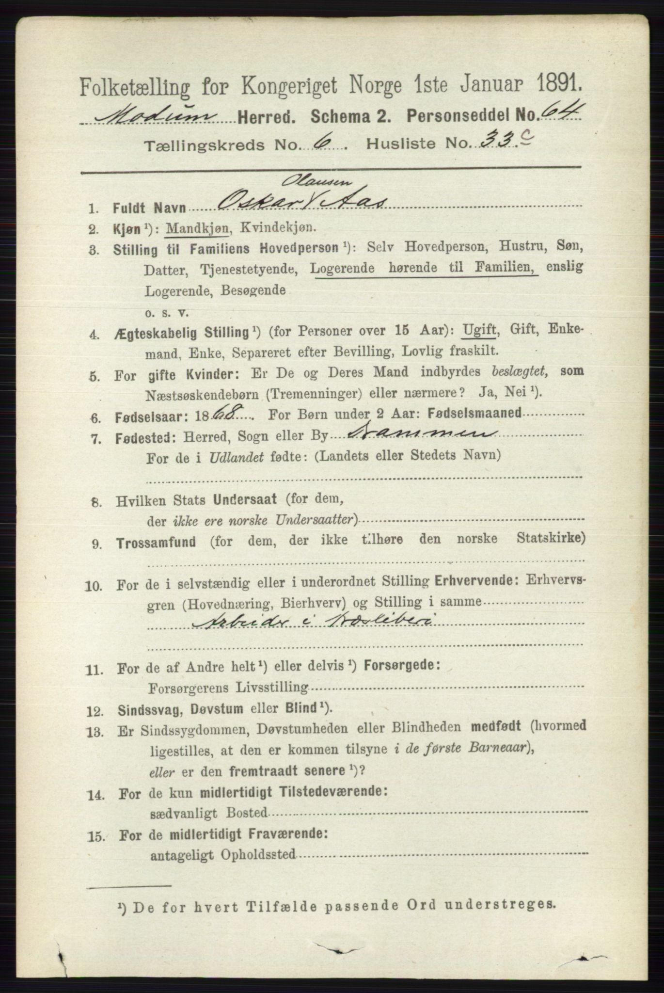 RA, 1891 census for 0623 Modum, 1891, p. 2451