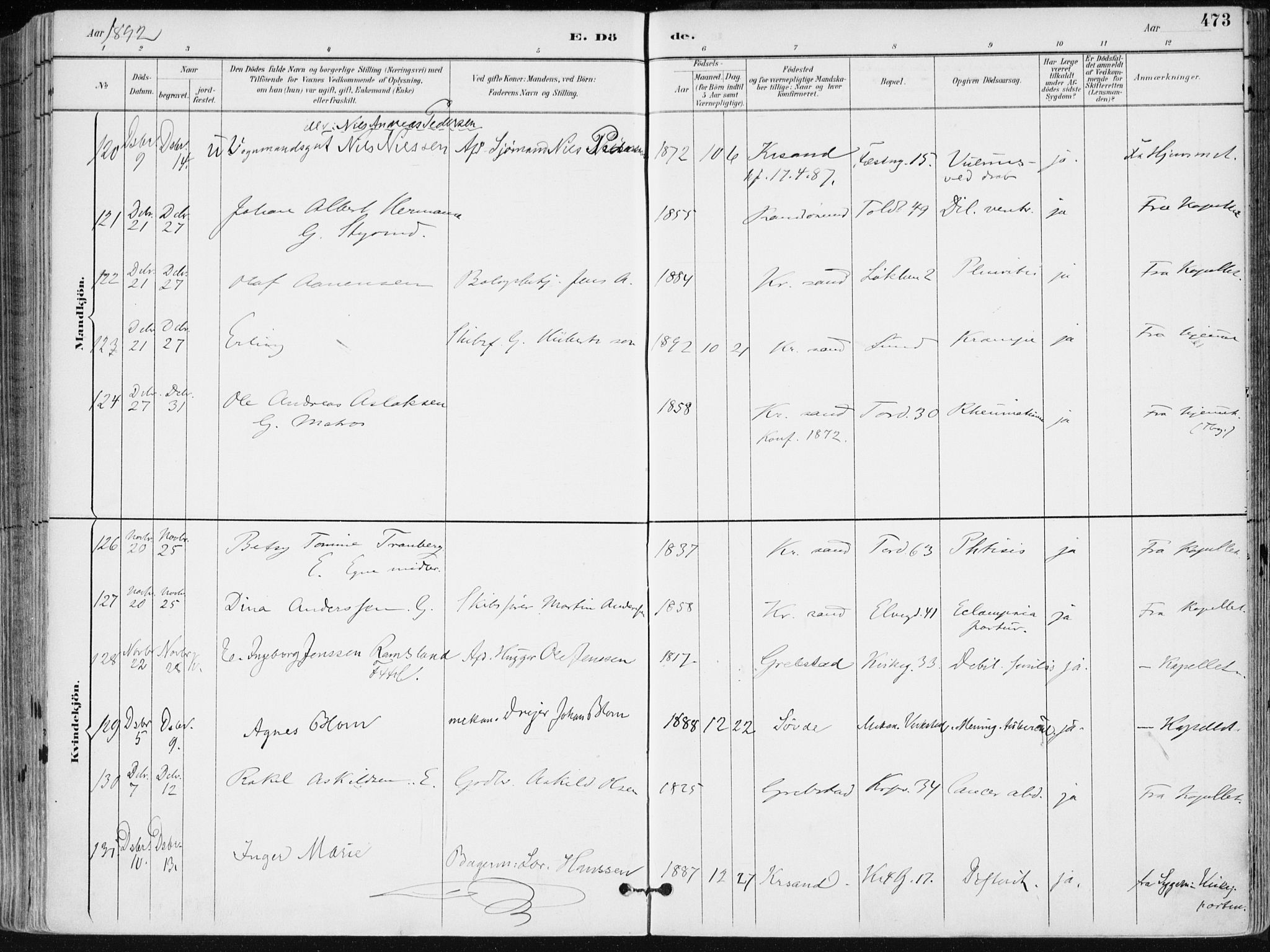 Kristiansand domprosti, SAK/1112-0006/F/Fa/L0019: Parish register (official) no. A 18, 1890-1897, p. 473