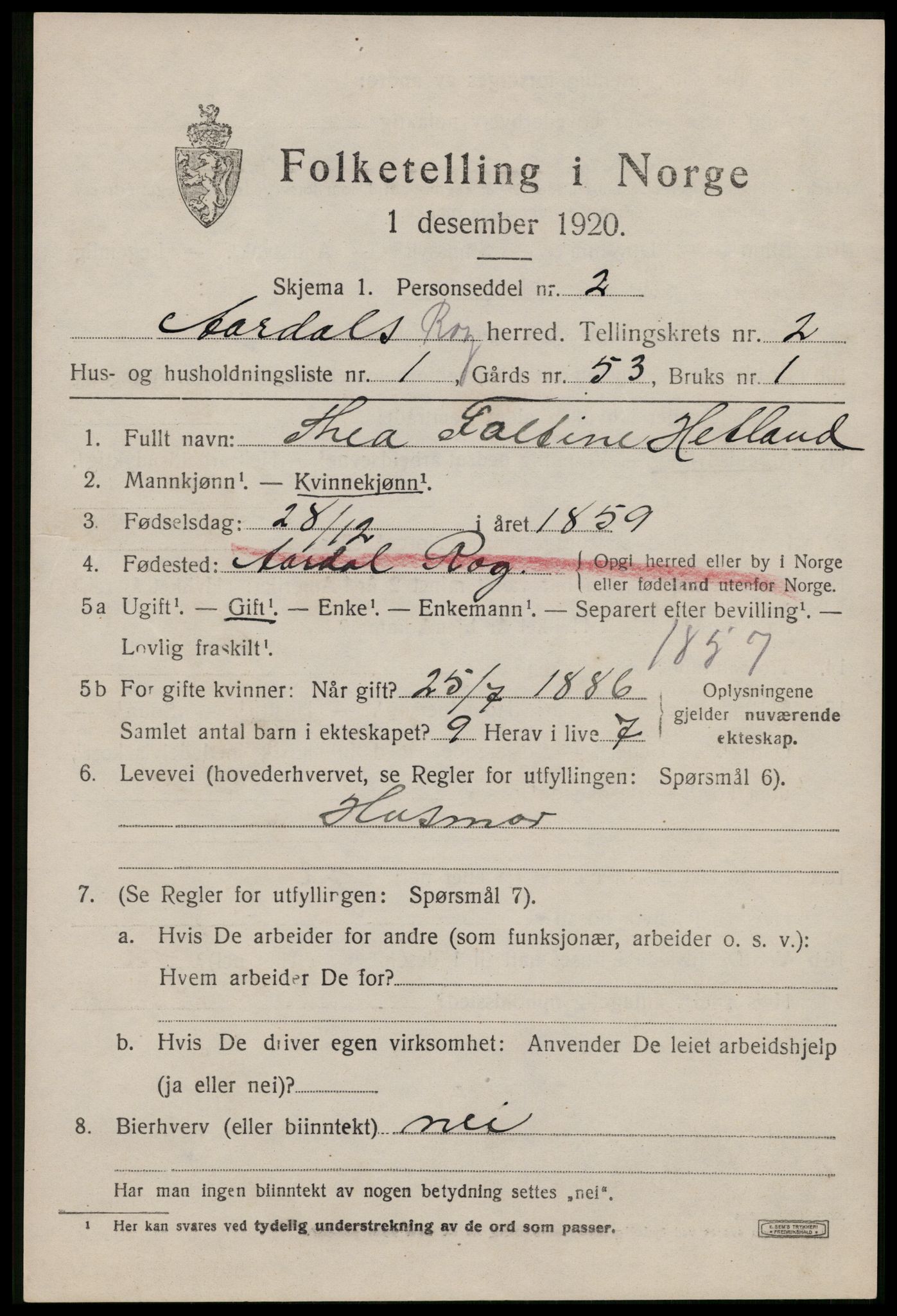 SAST, 1920 census for Årdal, 1920, p. 596