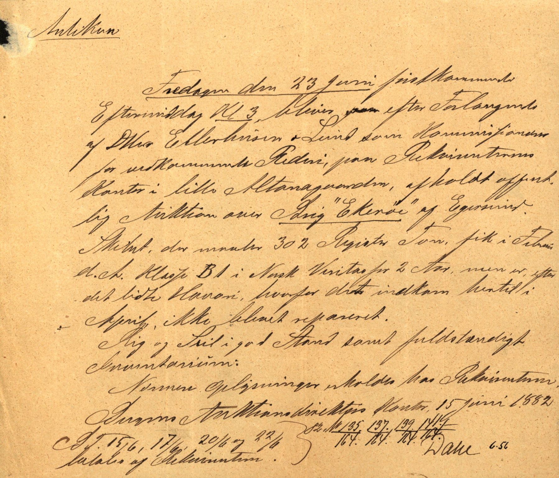 Pa 63 - Østlandske skibsassuranceforening, VEMU/A-1079/G/Ga/L0015/0003: Havaridokumenter / Egerøen, 1882