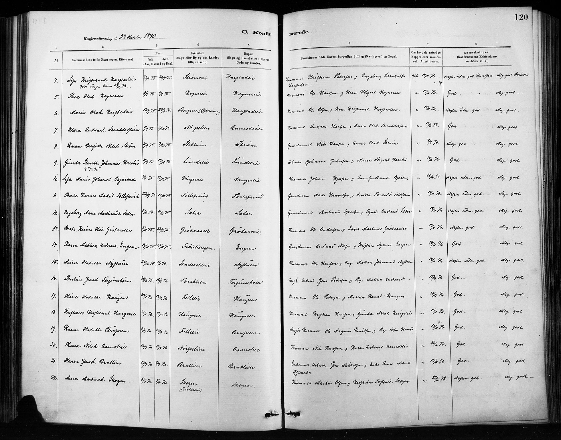 Nordre Land prestekontor, SAH/PREST-124/H/Ha/Haa/L0004: Parish register (official) no. 4, 1882-1896, p. 120