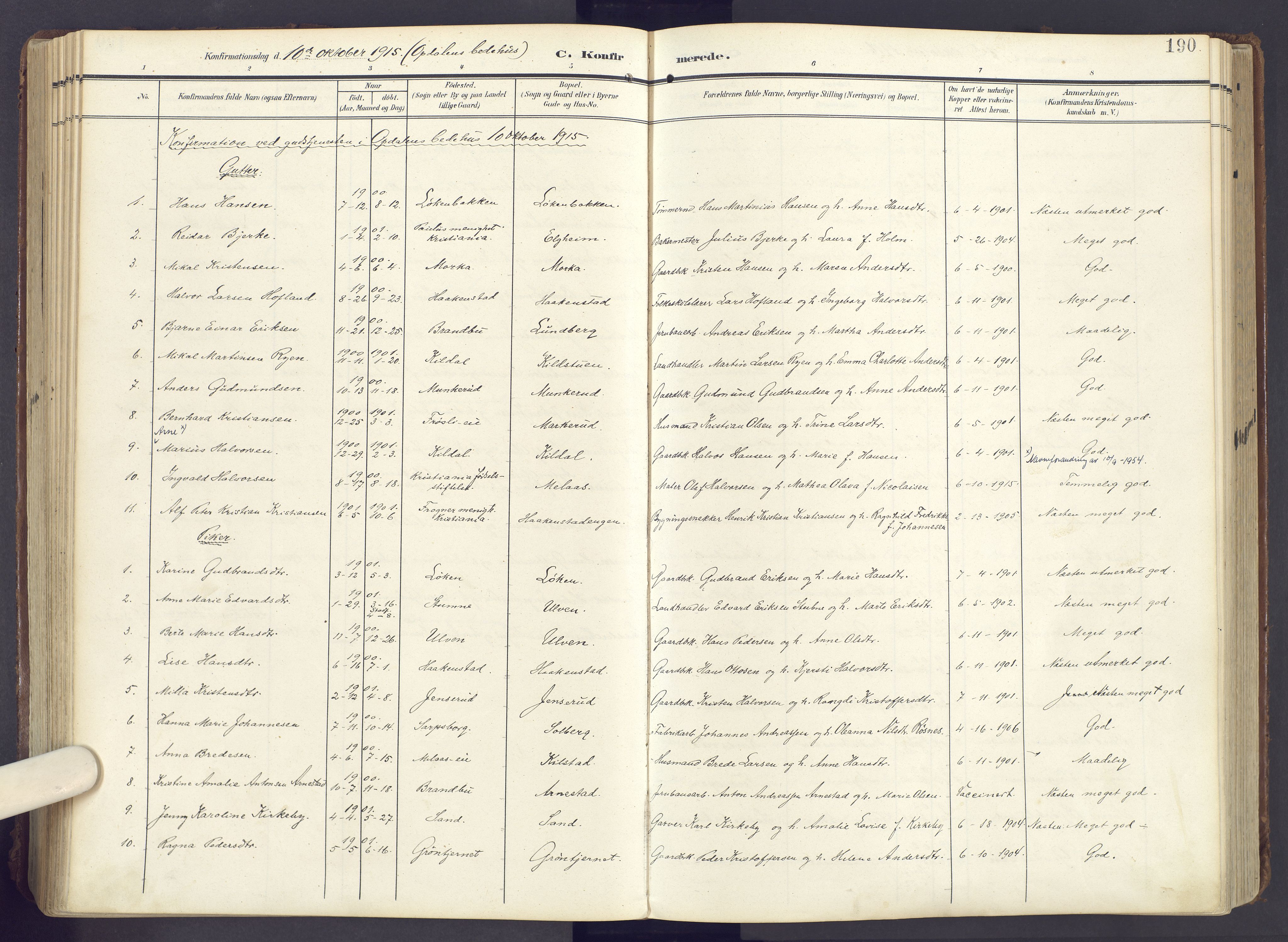 Lunner prestekontor, AV/SAH-PREST-118/H/Ha/Haa/L0001: Parish register (official) no. 1, 1907-1922, p. 190