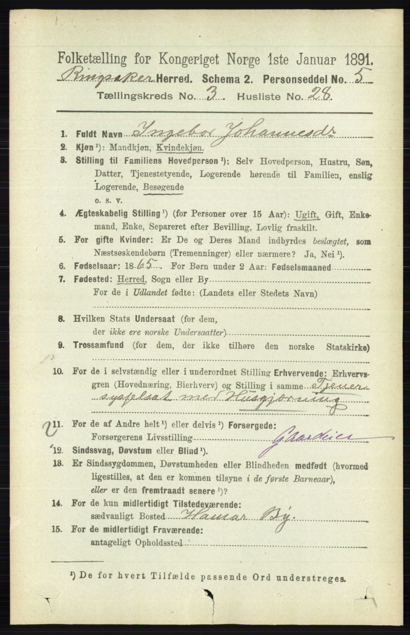 RA, 1891 census for 0412 Ringsaker, 1891, p. 1402