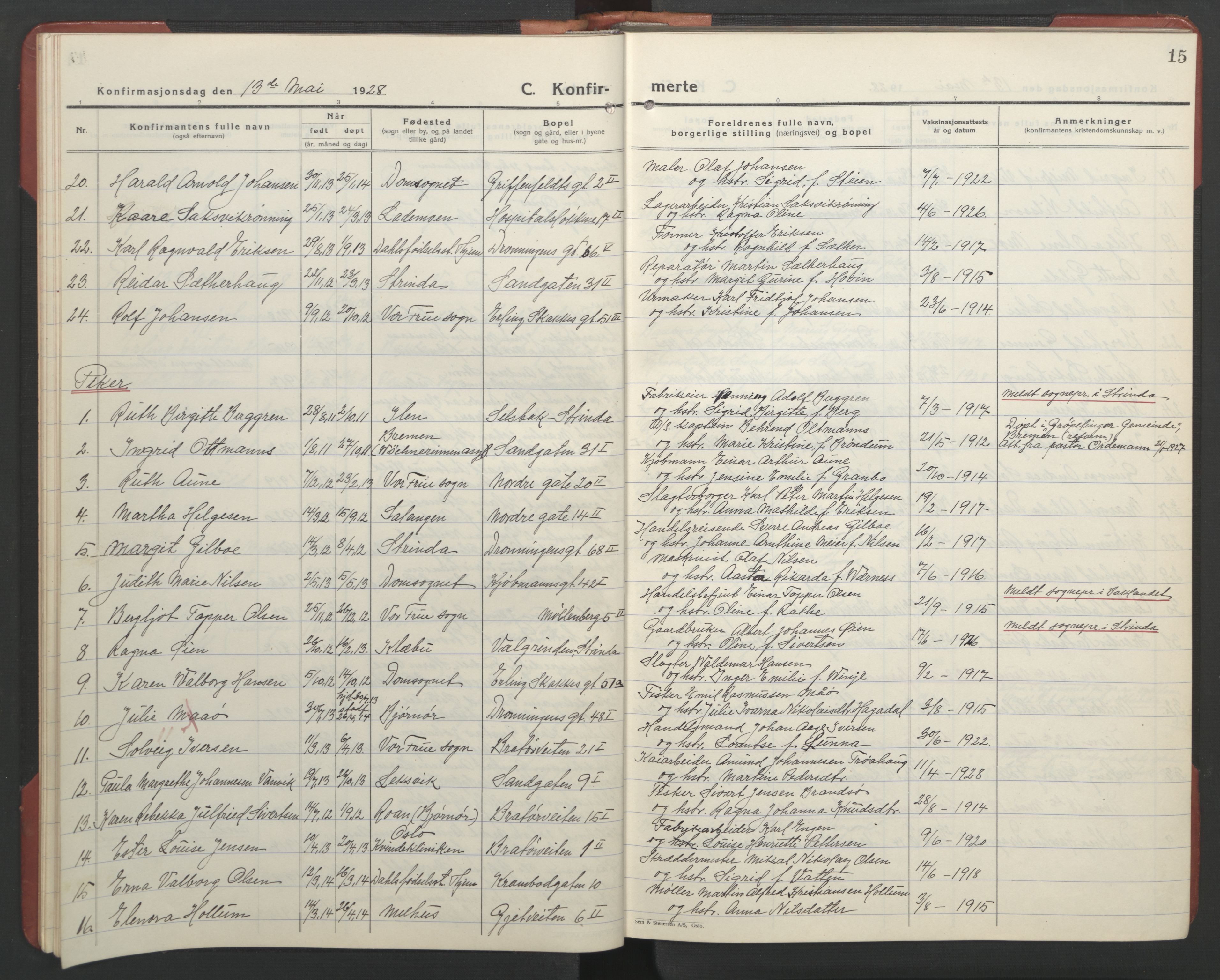Ministerialprotokoller, klokkerbøker og fødselsregistre - Sør-Trøndelag, SAT/A-1456/602/L0151: Parish register (copy) no. 602C19, 1925-1951, p. 15