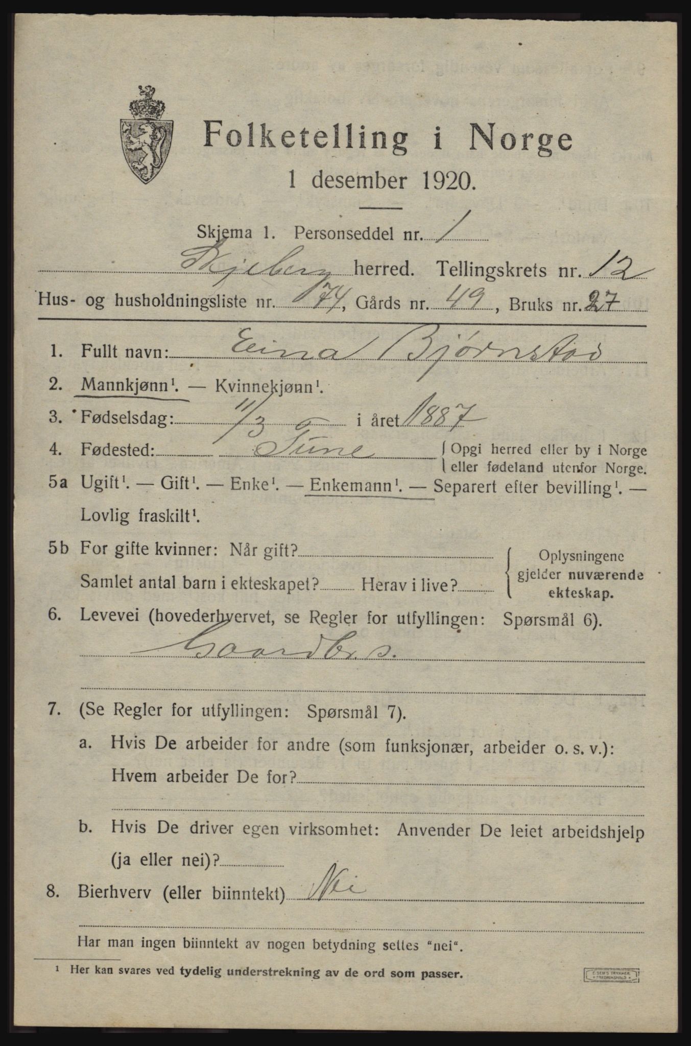 SAO, 1920 census for Skjeberg, 1920, p. 11385