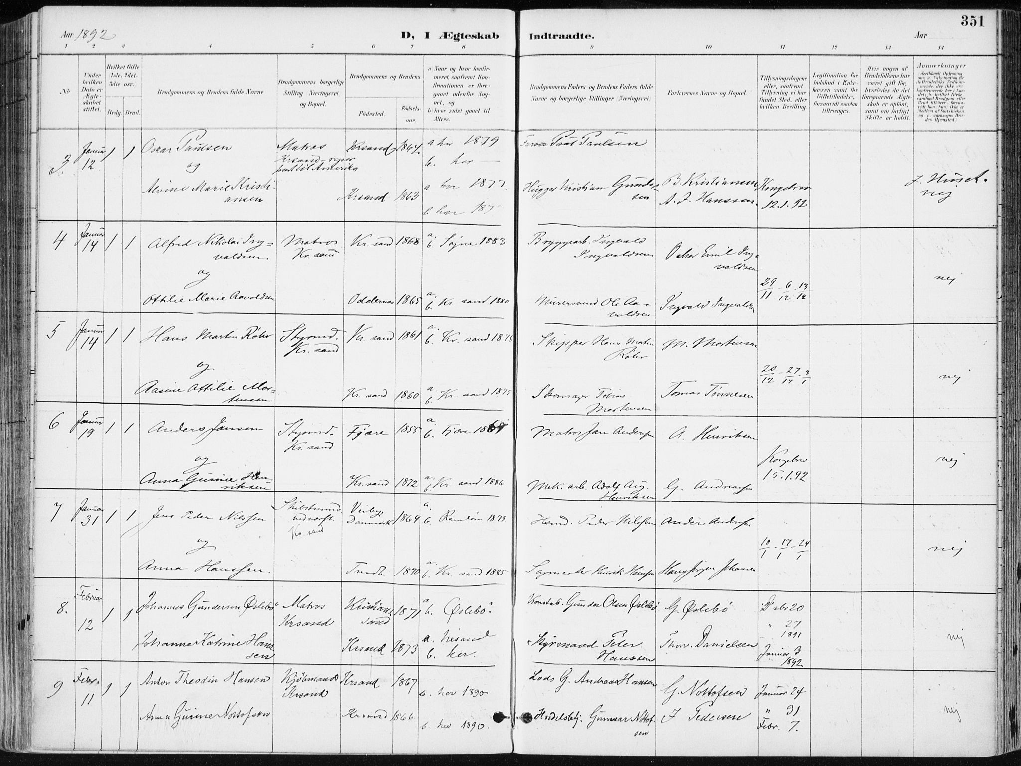 Kristiansand domprosti, SAK/1112-0006/F/Fa/L0019: Parish register (official) no. A 18, 1890-1897, p. 351