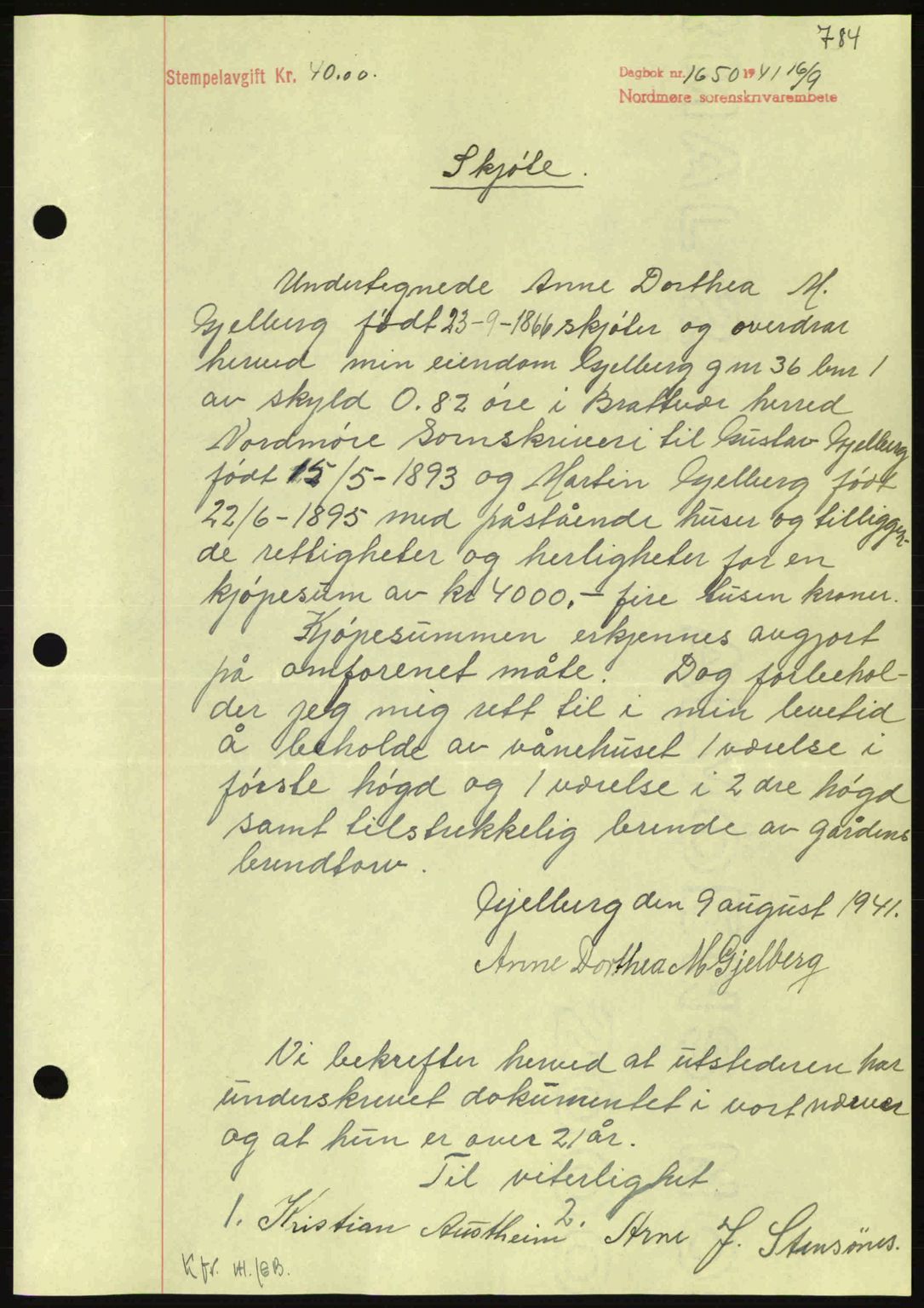 Nordmøre sorenskriveri, SAT/A-4132/1/2/2Ca: Mortgage book no. A90, 1941-1941, Diary no: : 1650/1941