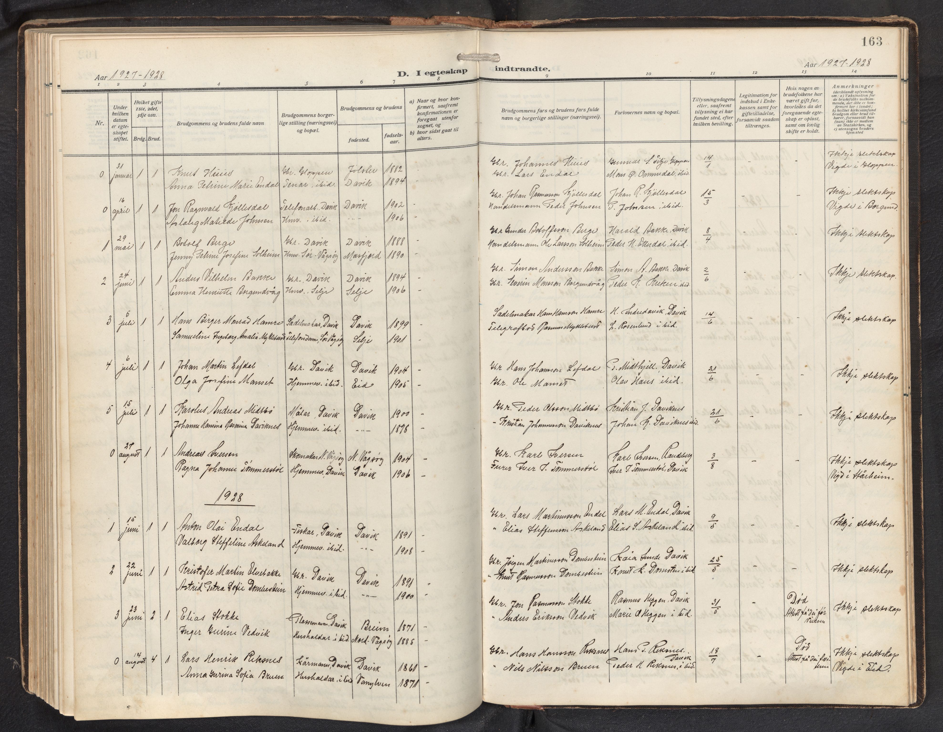 Davik sokneprestembete, AV/SAB-A-79701/H/Hab/Haba/L0003: Parish register (copy) no. A 3, 1912-1947, p. 162b-163a