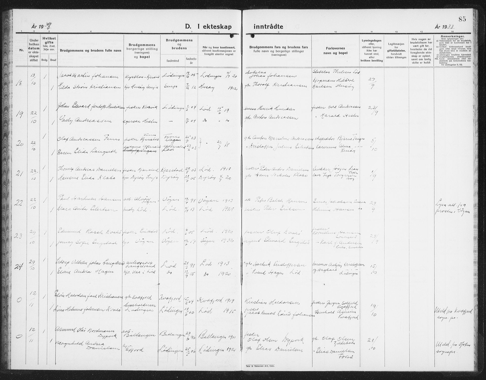 Ministerialprotokoller, klokkerbøker og fødselsregistre - Nordland, AV/SAT-A-1459/872/L1050: Parish register (copy) no. 872C06, 1932-1942, p. 85