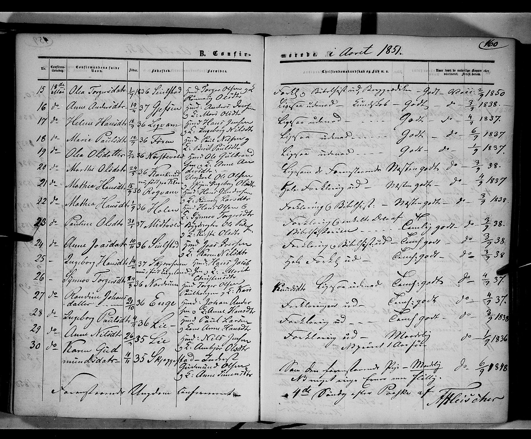 Gausdal prestekontor, AV/SAH-PREST-090/H/Ha/Haa/L0008: Parish register (official) no. 8, 1850-1861, p. 160