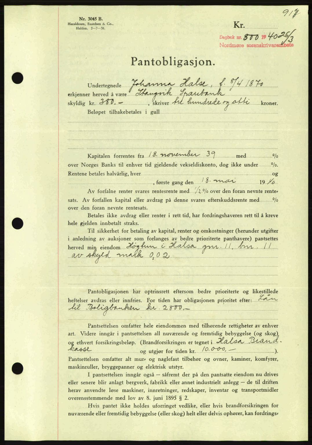 Nordmøre sorenskriveri, AV/SAT-A-4132/1/2/2Ca: Mortgage book no. B86, 1939-1940, Diary no: : 800/1940