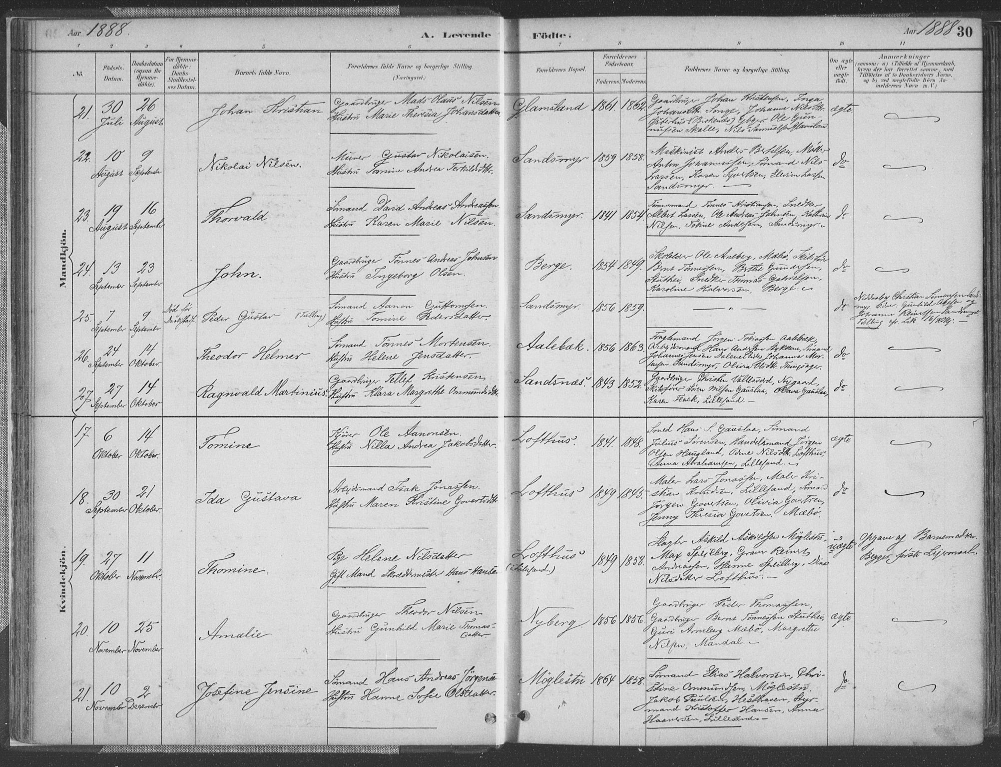 Vestre Moland sokneprestkontor, AV/SAK-1111-0046/F/Fa/Fab/L0009: Parish register (official) no. A 9, 1884-1899, p. 30