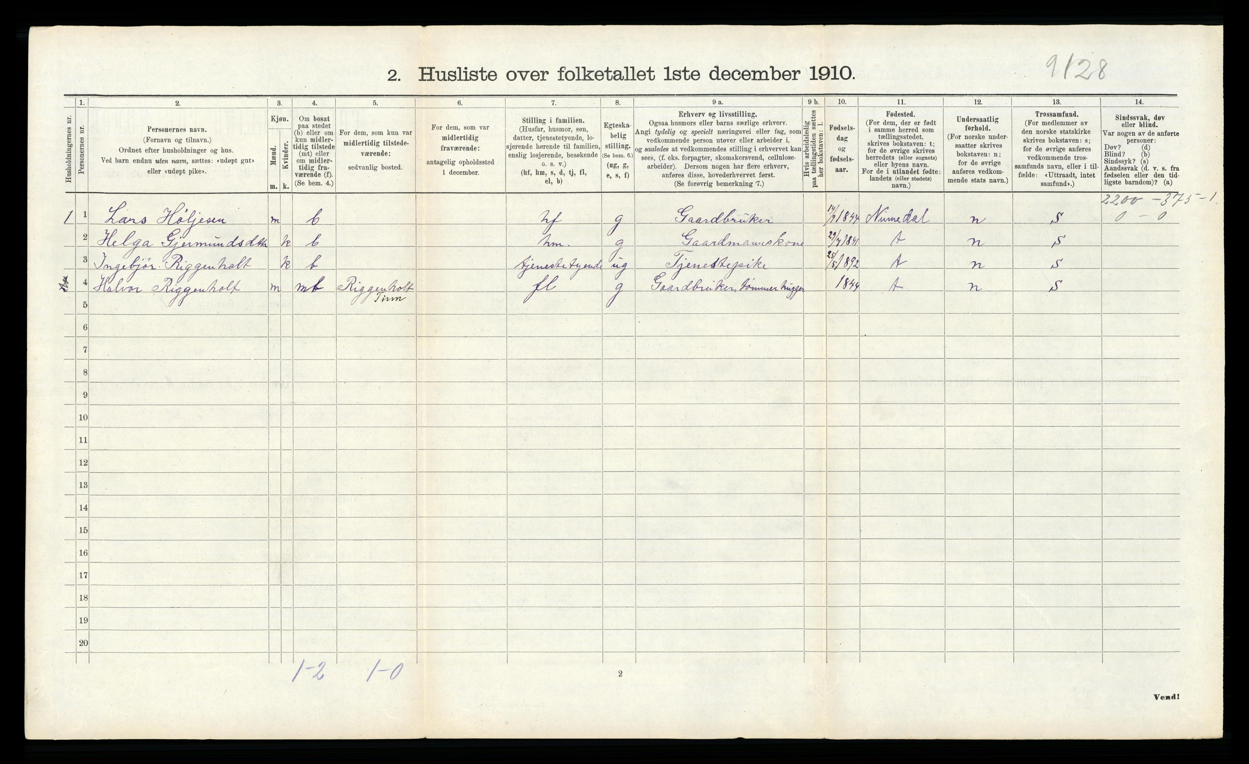 RA, 1910 census for Tinn, 1910, p. 332