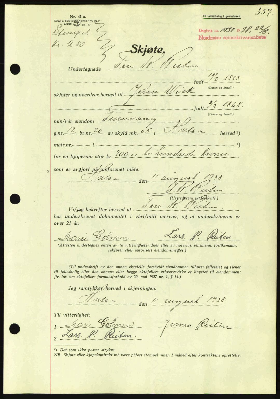 Nordmøre sorenskriveri, AV/SAT-A-4132/1/2/2Ca: Mortgage book no. A84, 1938-1938, Diary no: : 1930/1938