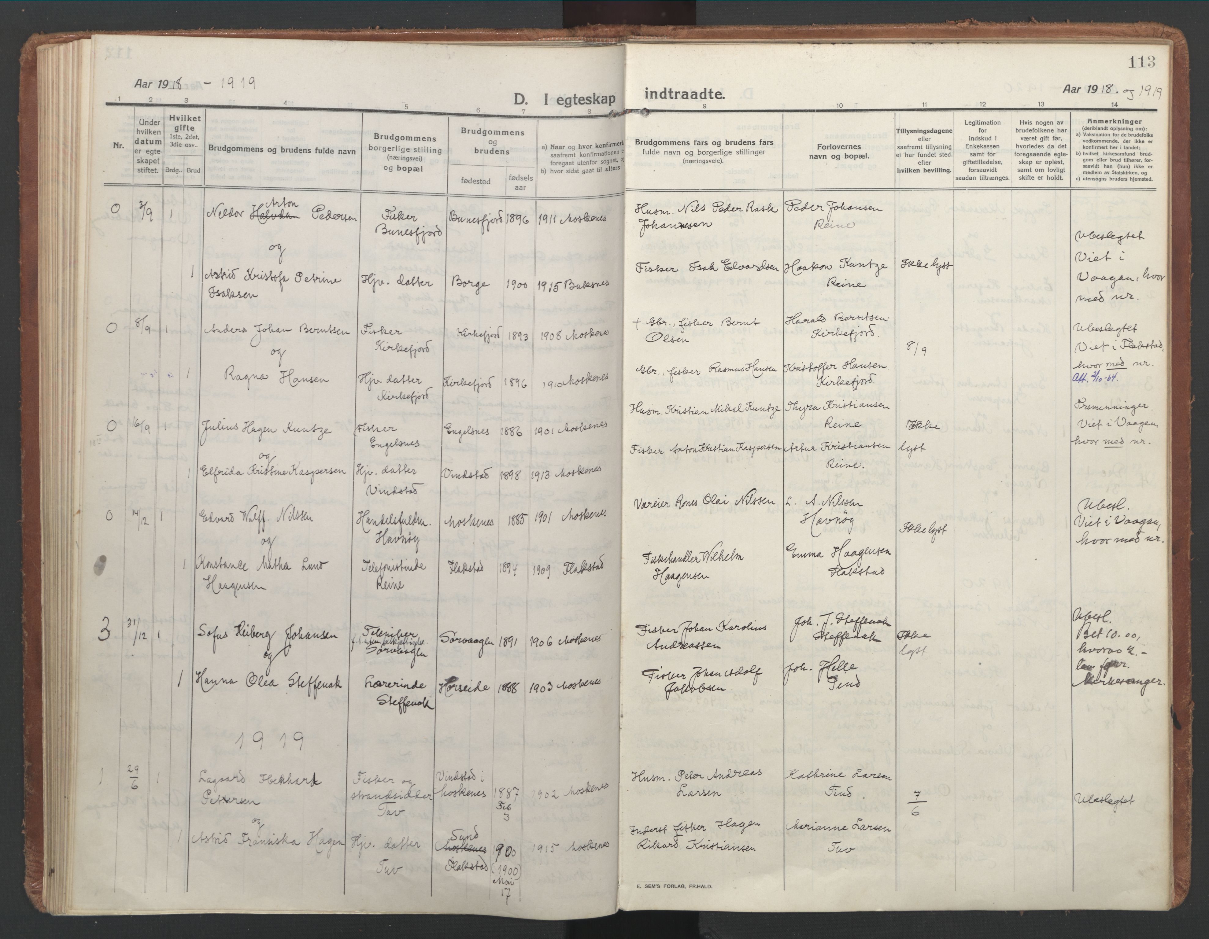 Ministerialprotokoller, klokkerbøker og fødselsregistre - Nordland, SAT/A-1459/886/L1222: Parish register (official) no. 886A04, 1914-1926, p. 113