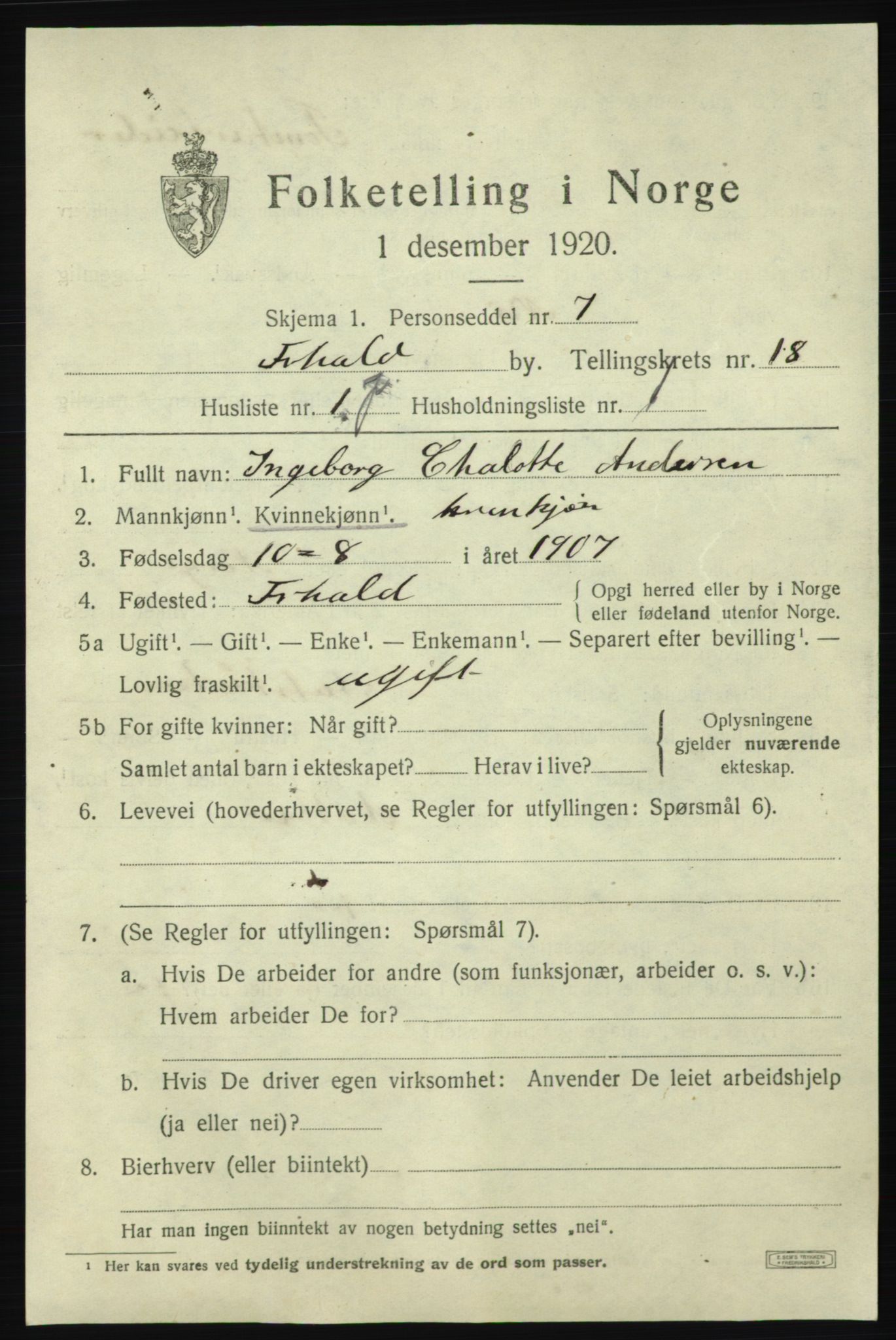 SAO, 1920 census for Fredrikshald, 1920, p. 27535