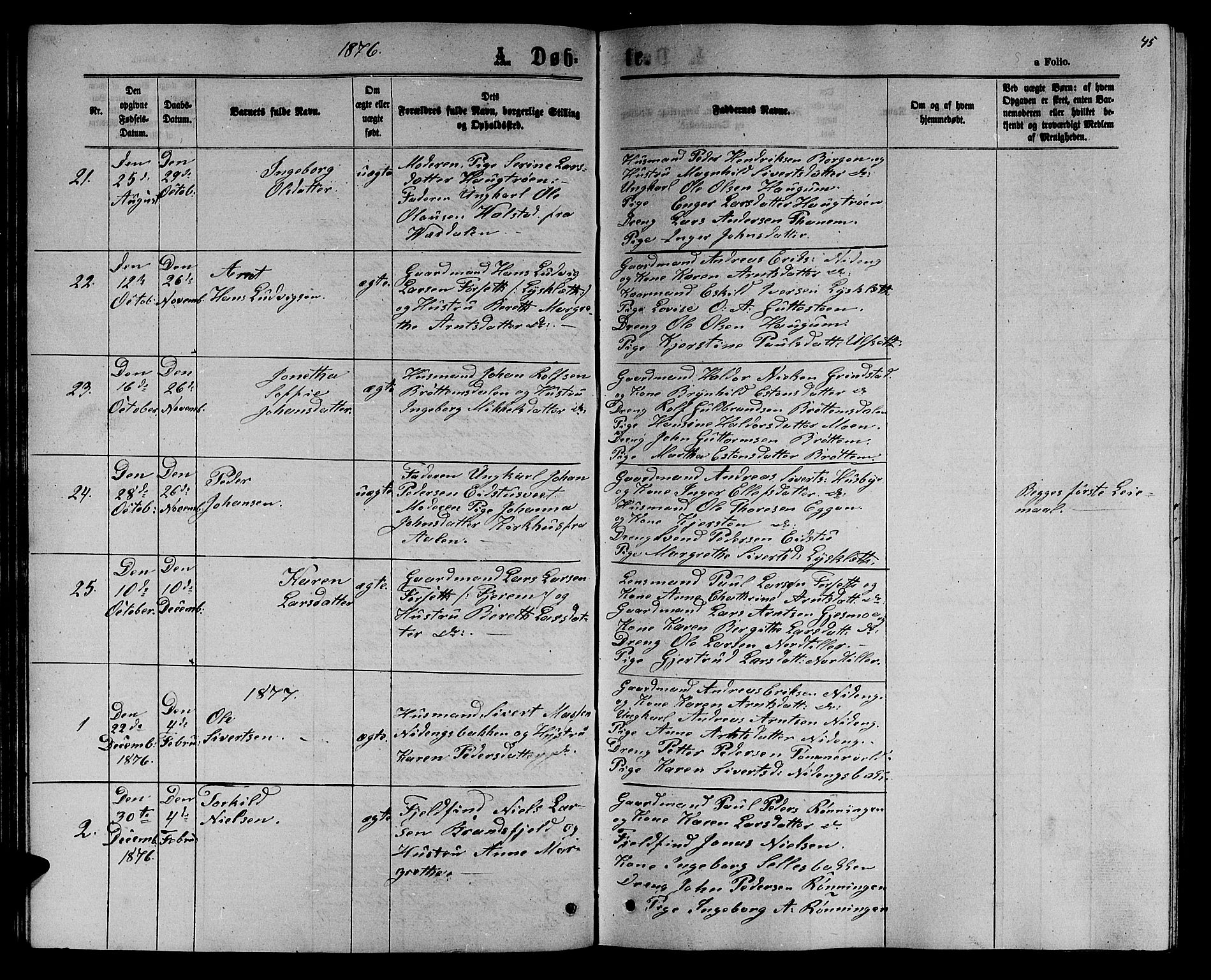 Ministerialprotokoller, klokkerbøker og fødselsregistre - Sør-Trøndelag, SAT/A-1456/618/L0451: Parish register (copy) no. 618C02, 1865-1883, p. 45