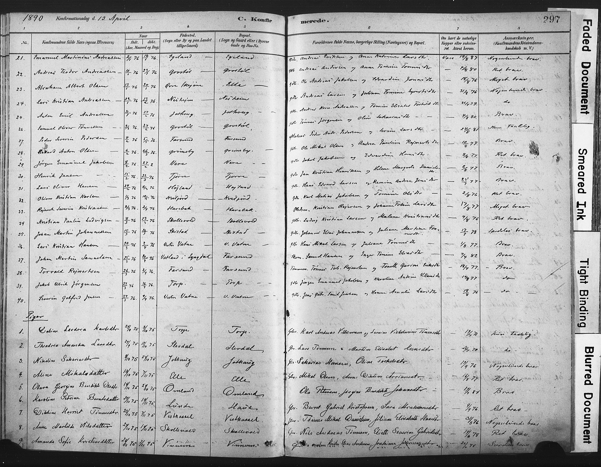 Lista sokneprestkontor, AV/SAK-1111-0027/F/Fa/L0012: Parish register (official) no. A 12, 1879-1903, p. 297