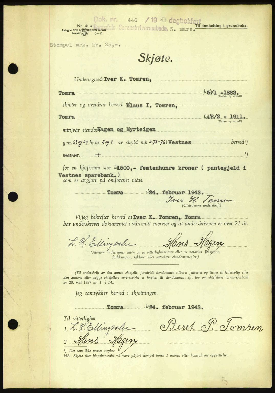 Romsdal sorenskriveri, AV/SAT-A-4149/1/2/2C: Mortgage book no. A14, 1943-1943, Diary no: : 446/1943