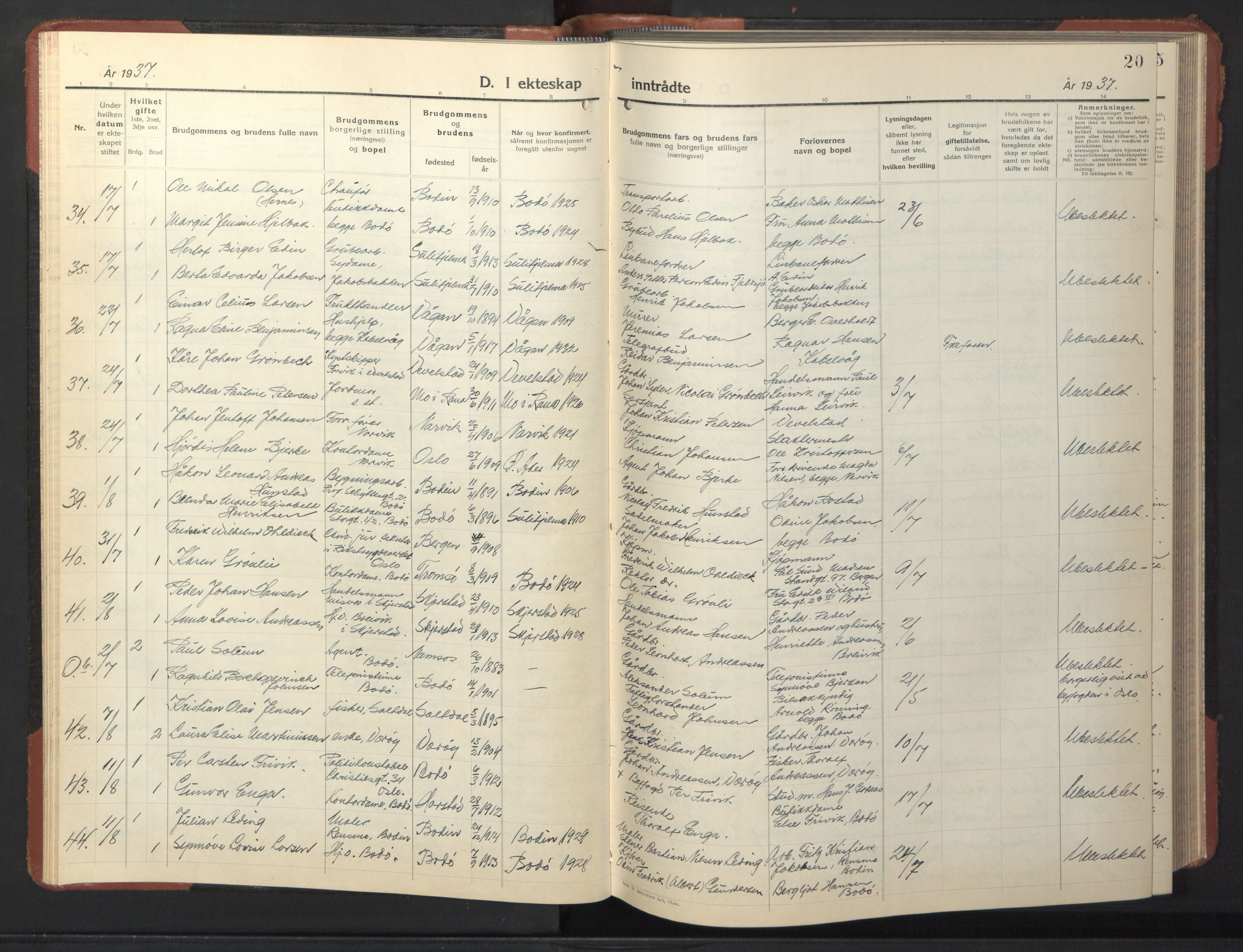 Ministerialprotokoller, klokkerbøker og fødselsregistre - Nordland, SAT/A-1459/801/L0038: Parish register (copy) no. 801C13, 1935-1951, p. 20