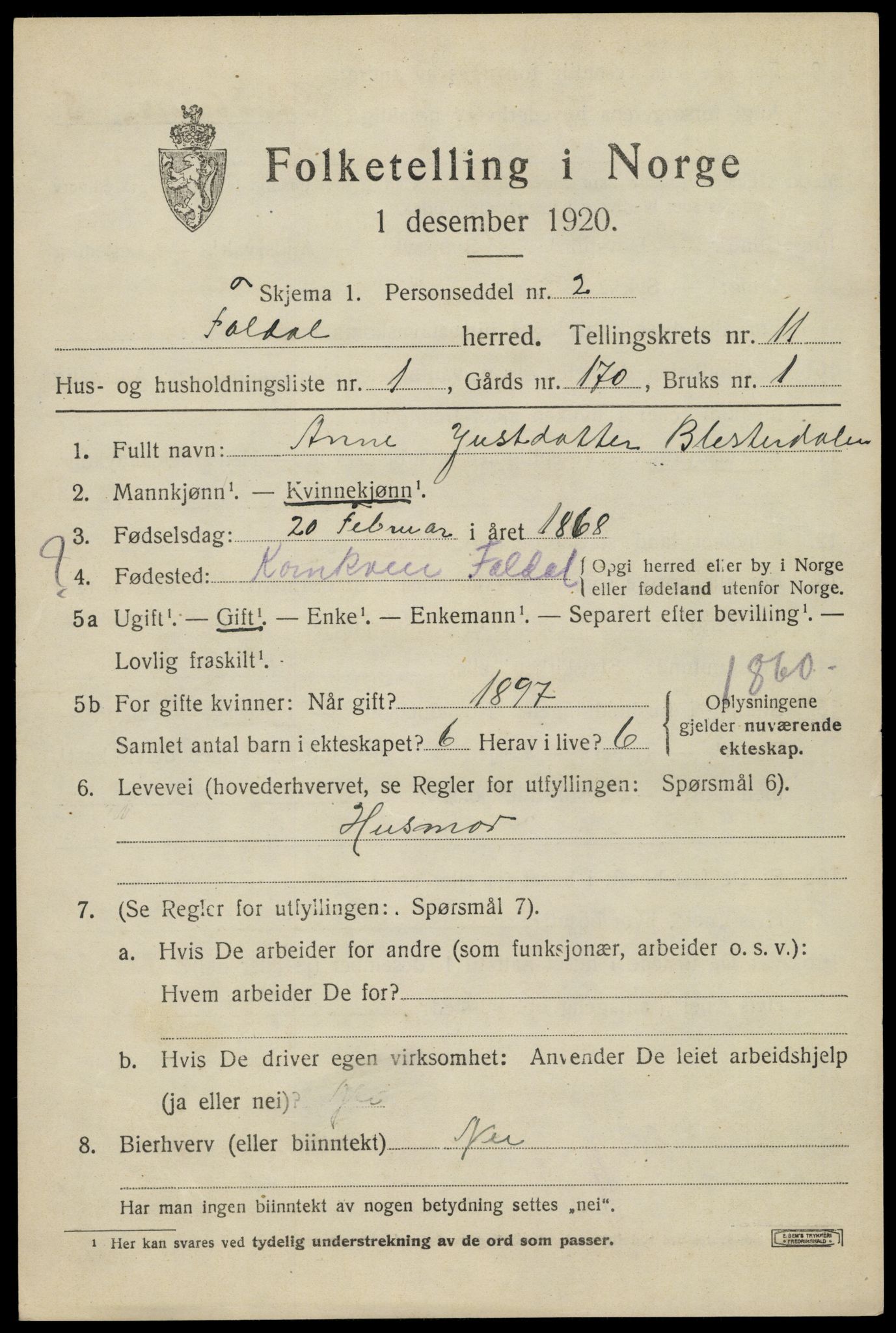 SAH, 1920 census for Folldal, 1920, p. 5233