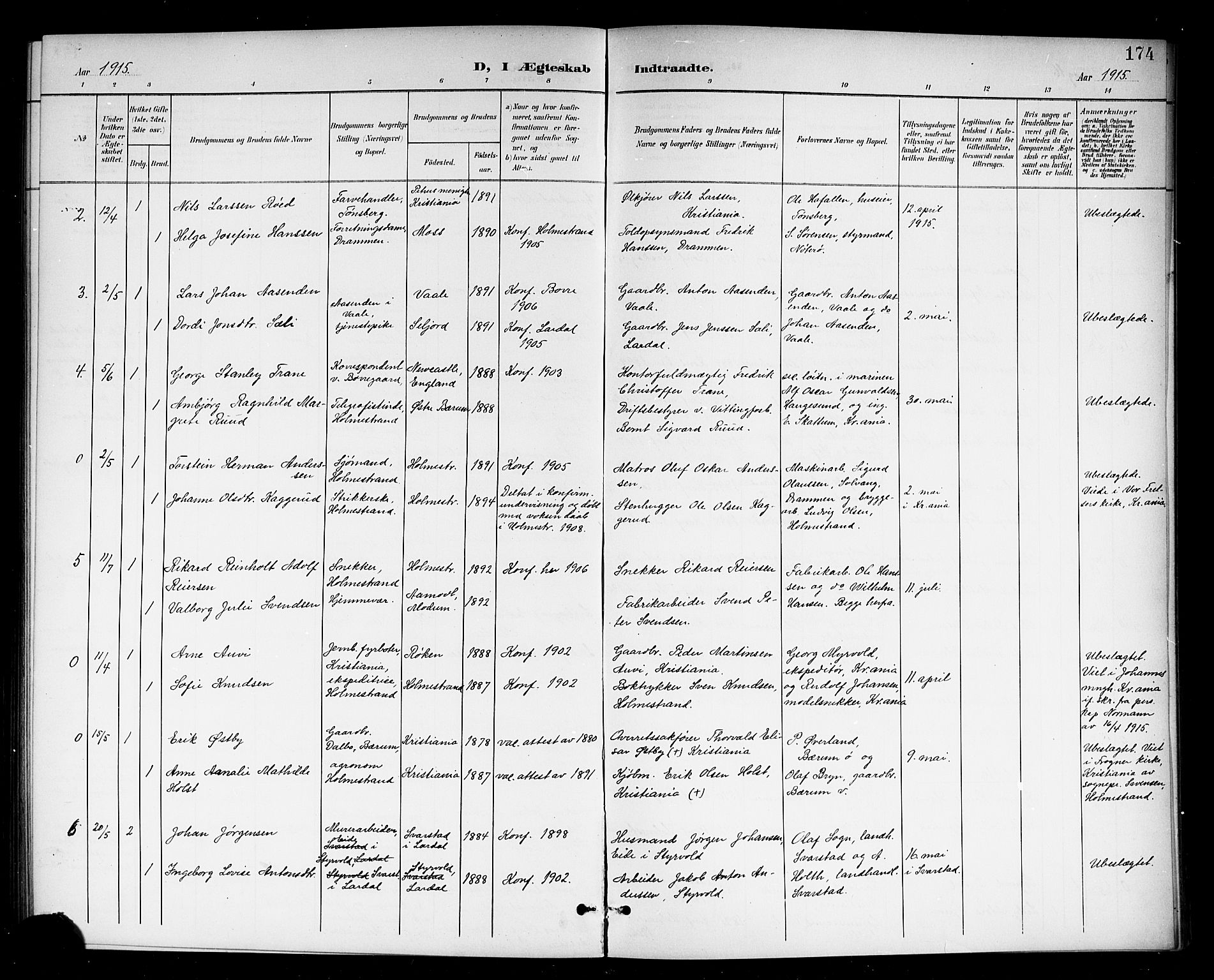 Holmestrand kirkebøker, AV/SAKO-A-346/G/Ga/L0006: Parish register (copy) no. 6, 1901-1923, p. 174