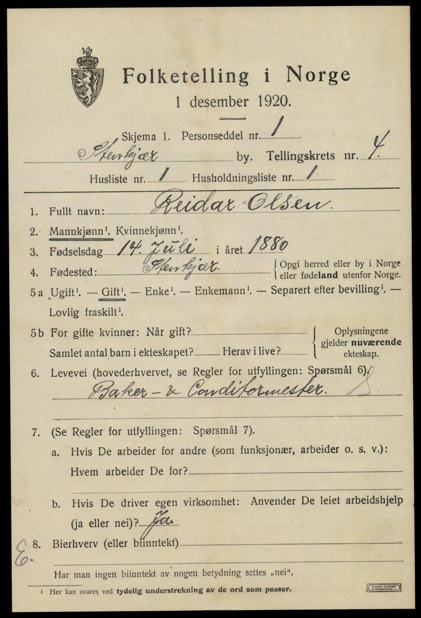 SAT, 1920 census for Steinkjer, 1920, p. 6990