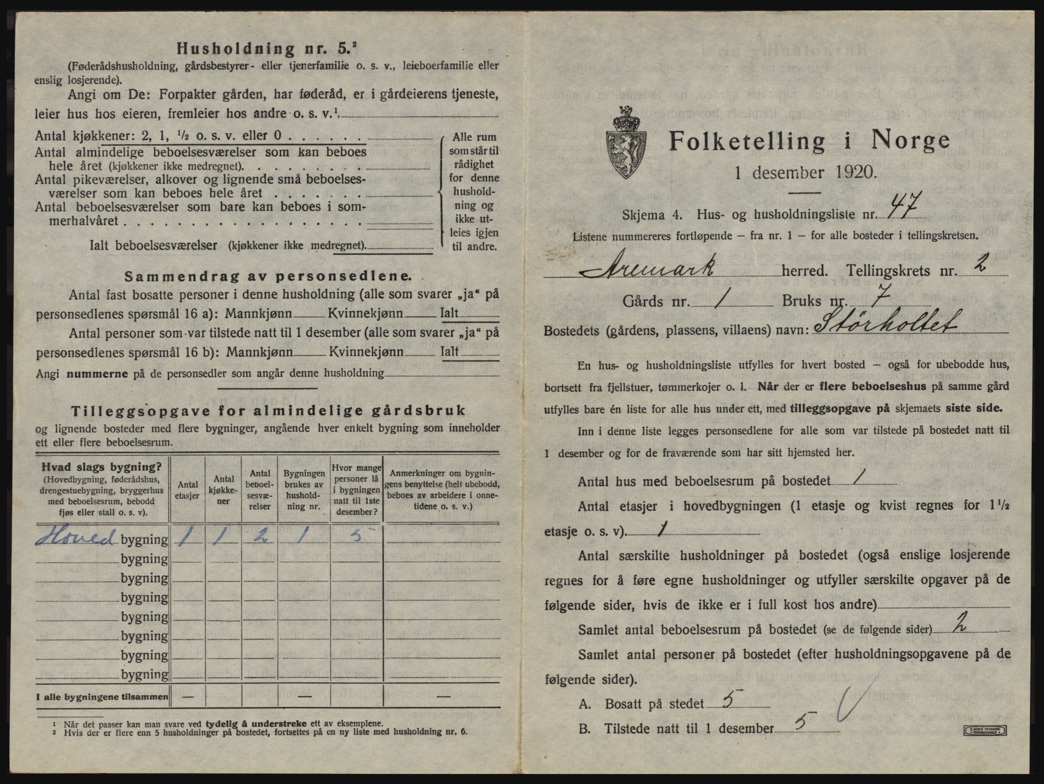 SAO, 1920 census for Aremark, 1920, p. 285