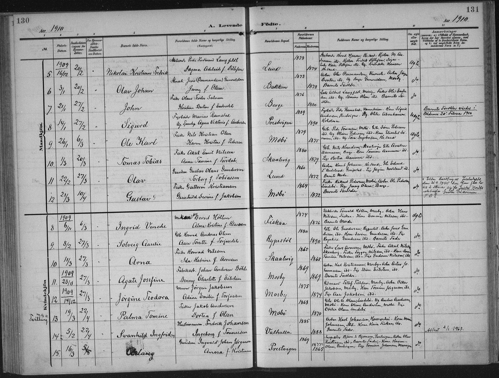 Oddernes sokneprestkontor, AV/SAK-1111-0033/F/Fa/Faa/L0011: Parish register (official) no. A 11, 1904-1911, p. 130-131