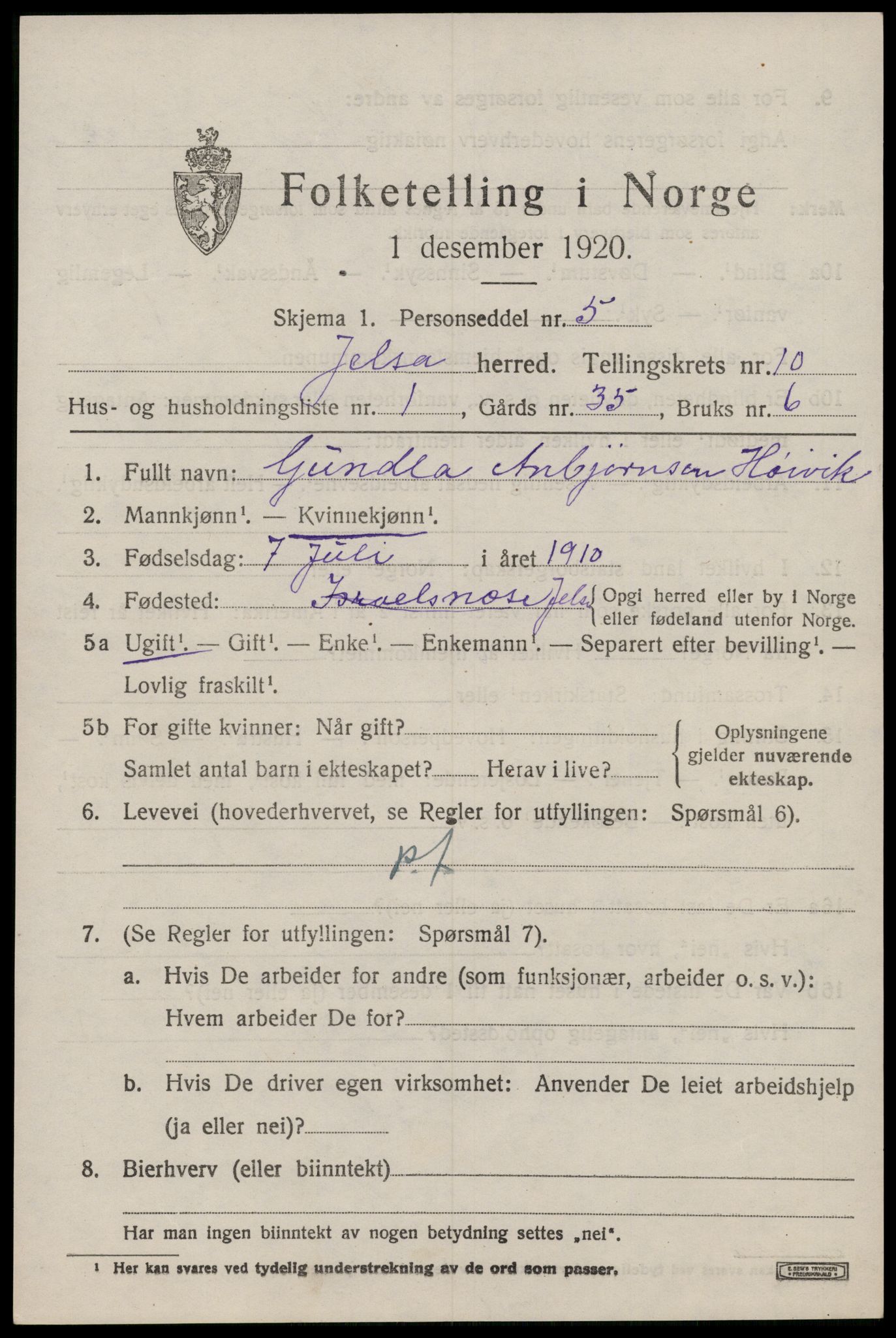 SAST, 1920 census for Jelsa, 1920, p. 2610