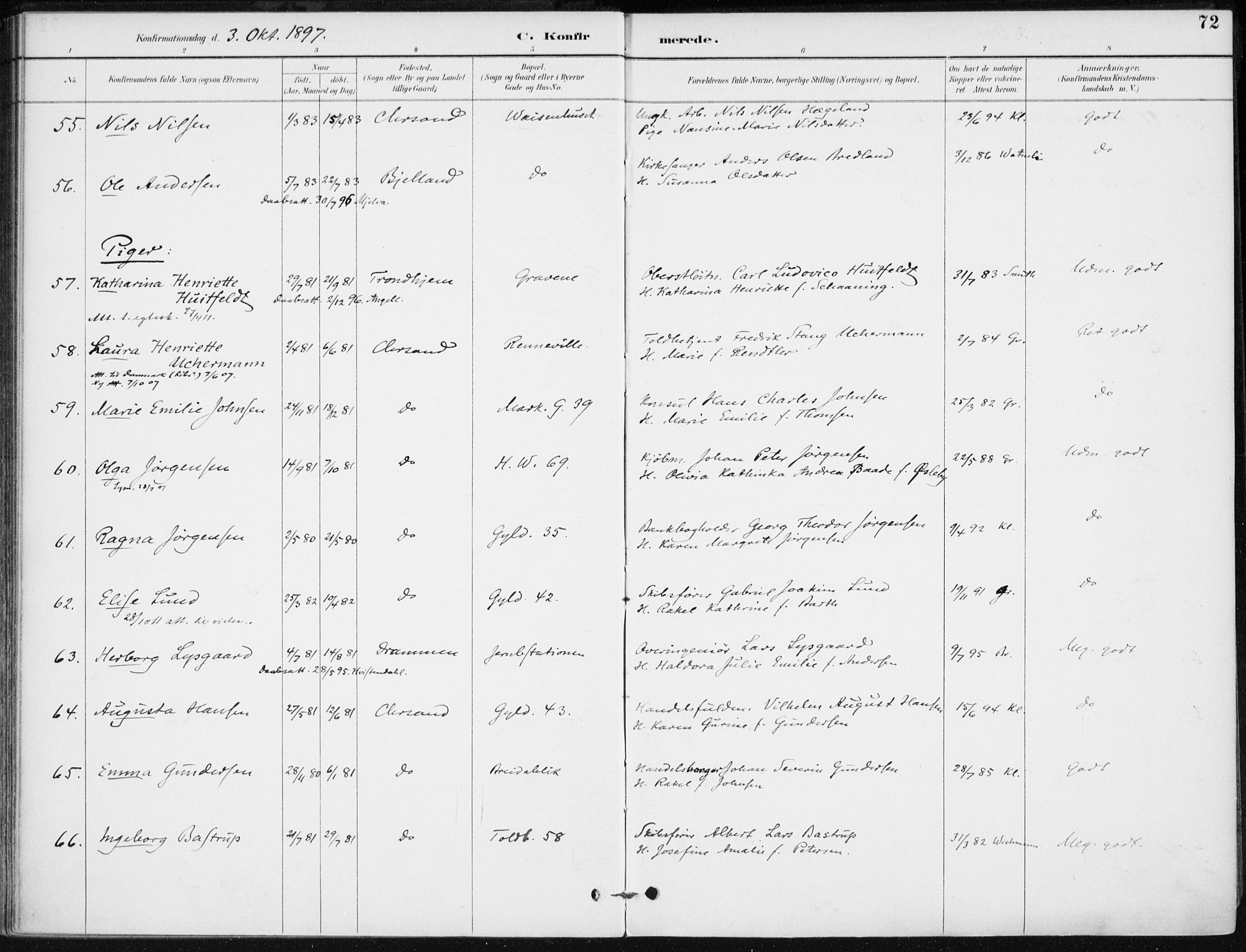 Kristiansand domprosti, AV/SAK-1112-0006/F/Fa/L0020: Parish register (official) no. A 19, 1893-1904, p. 72