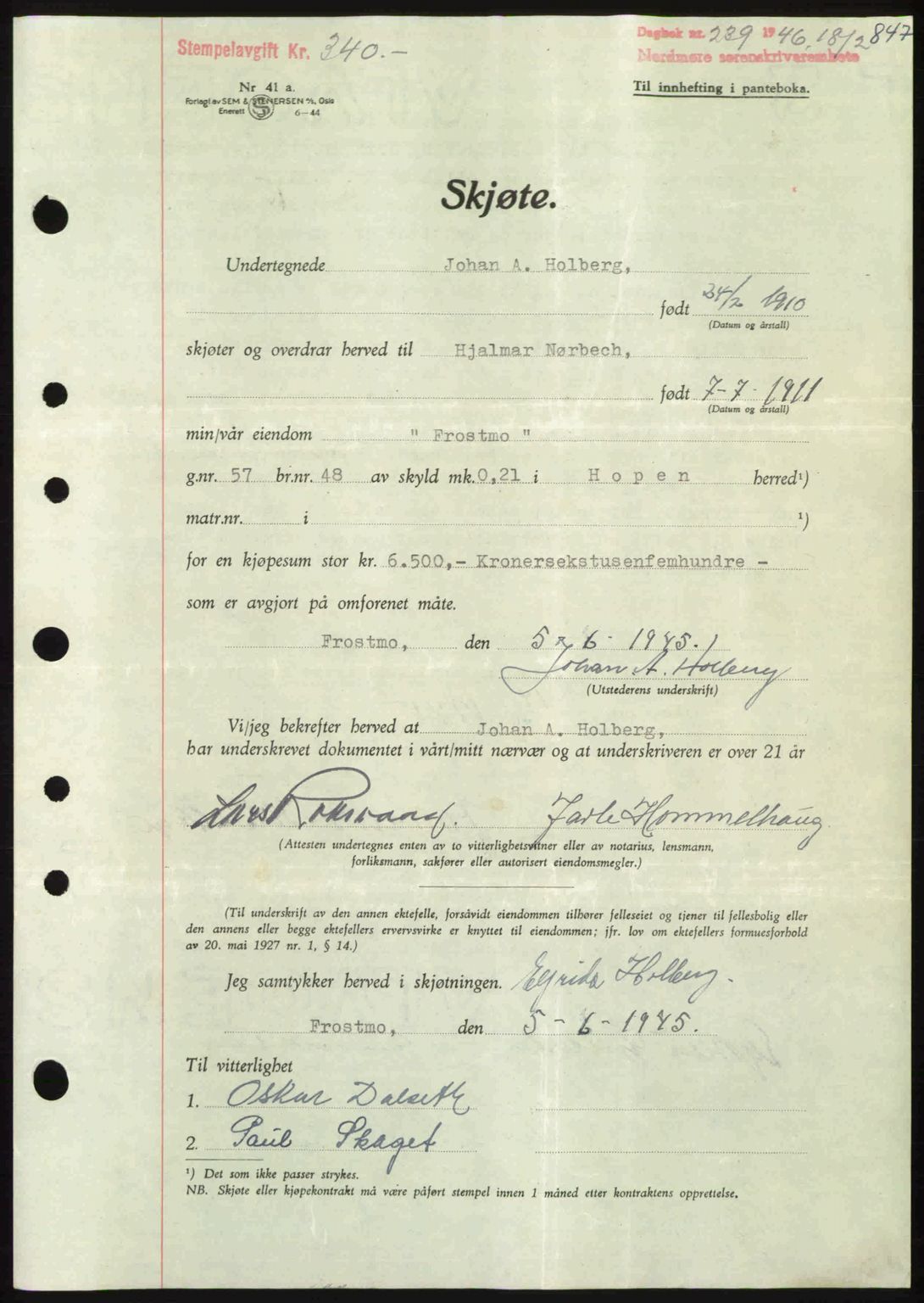 Nordmøre sorenskriveri, AV/SAT-A-4132/1/2/2Ca: Mortgage book no. A100b, 1946-1946, Diary no: : 239/1946