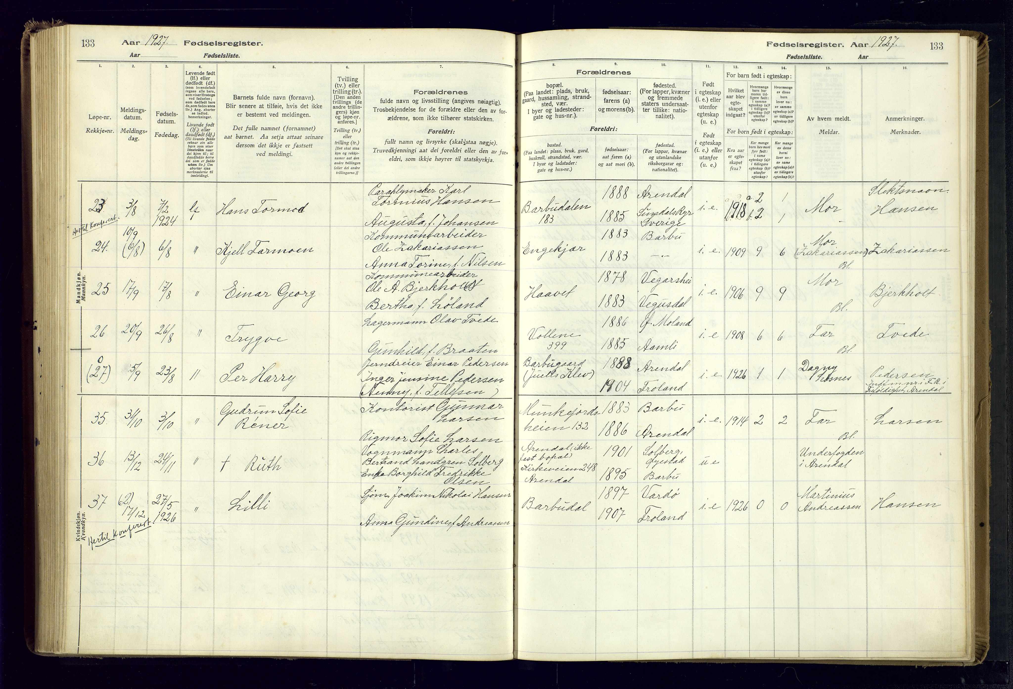 Barbu sokneprestkontor, SAK/1111-0003/J/Ja/L0001: Birth register no. A-VIII-1, 1916-1937, p. 133