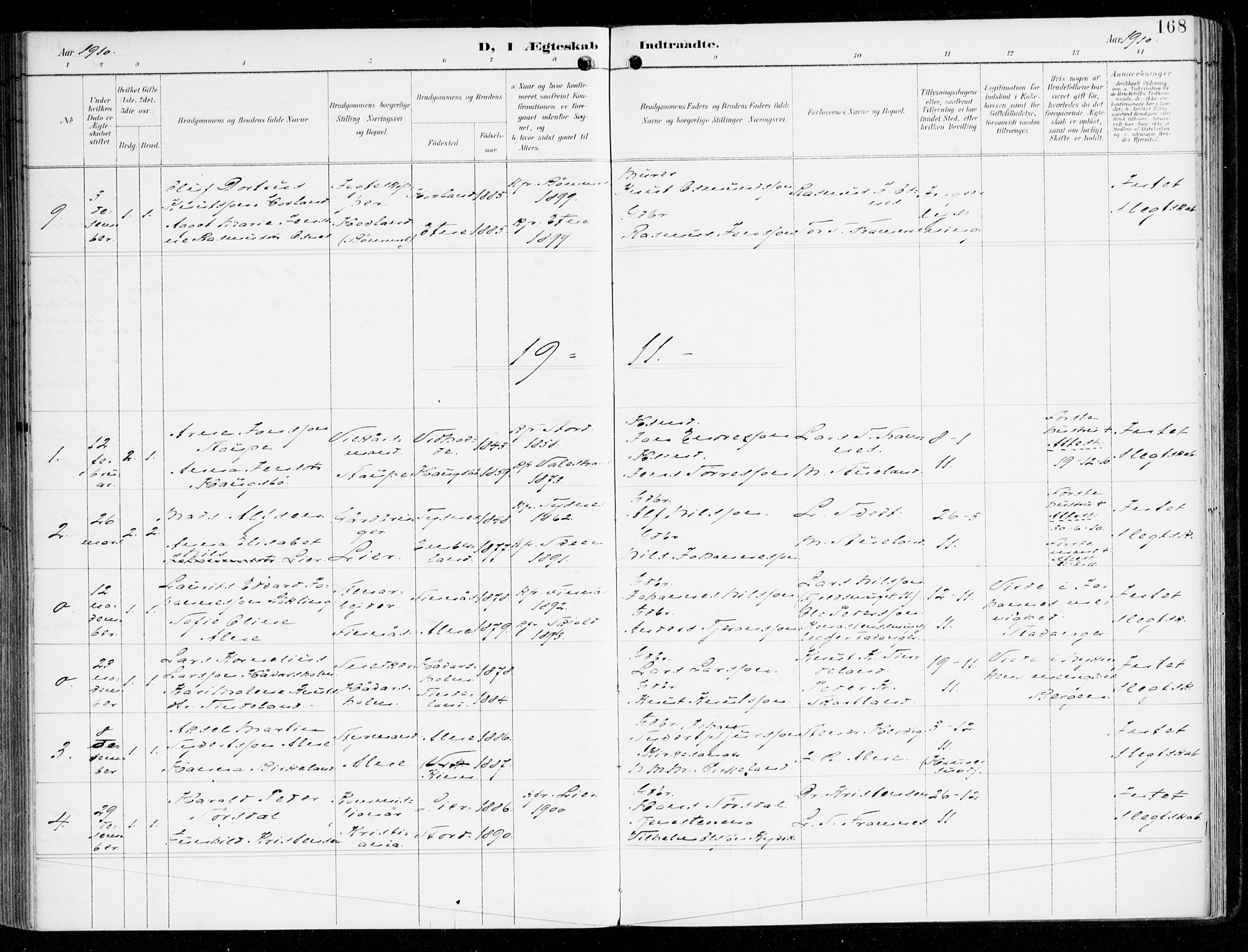Sveio Sokneprestembete, SAB/A-78501/H/Haa: Parish register (official) no. D 2, 1894-1916, p. 168
