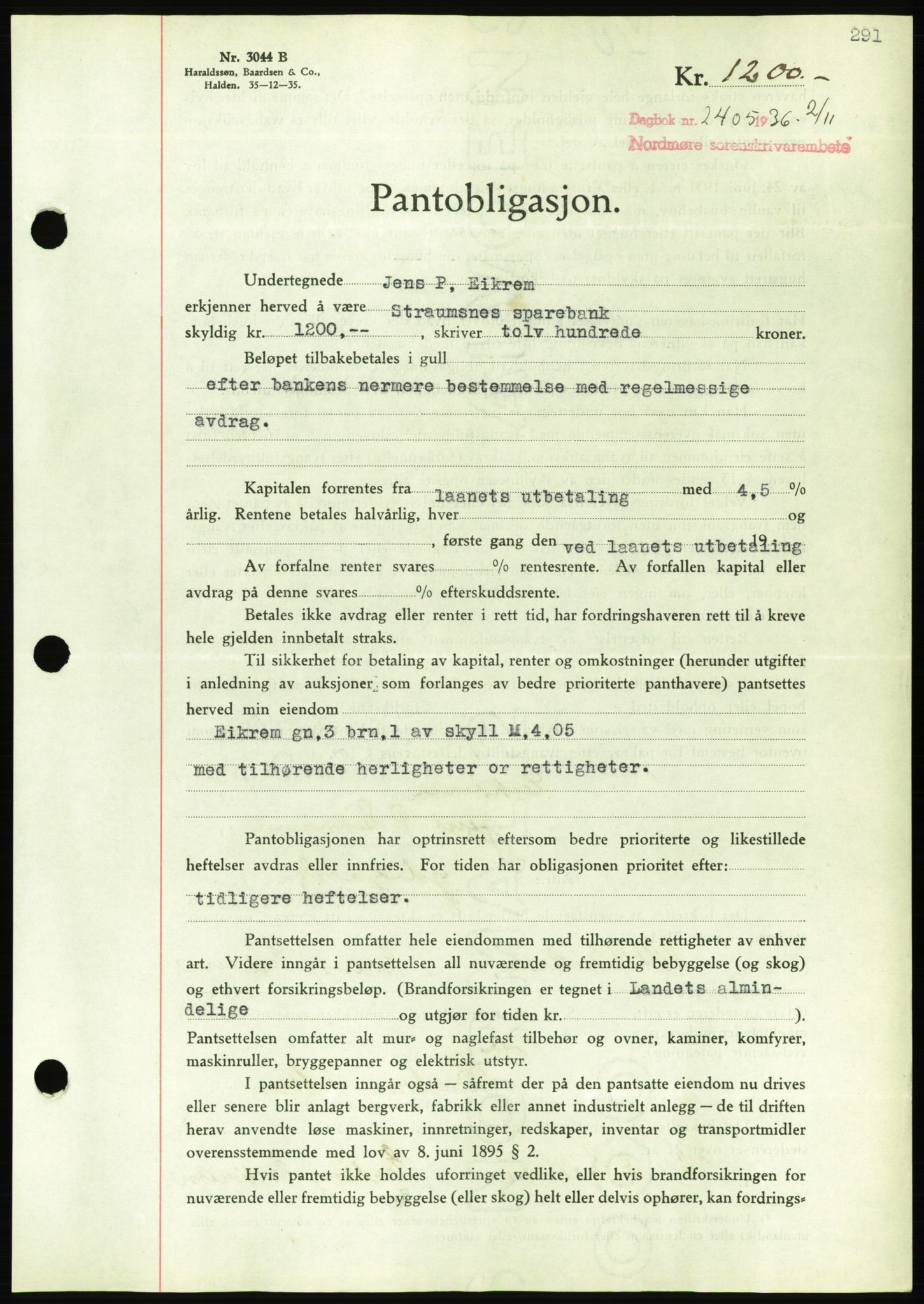 Nordmøre sorenskriveri, AV/SAT-A-4132/1/2/2Ca/L0090: Mortgage book no. B80, 1936-1937, Diary no: : 2405/1936