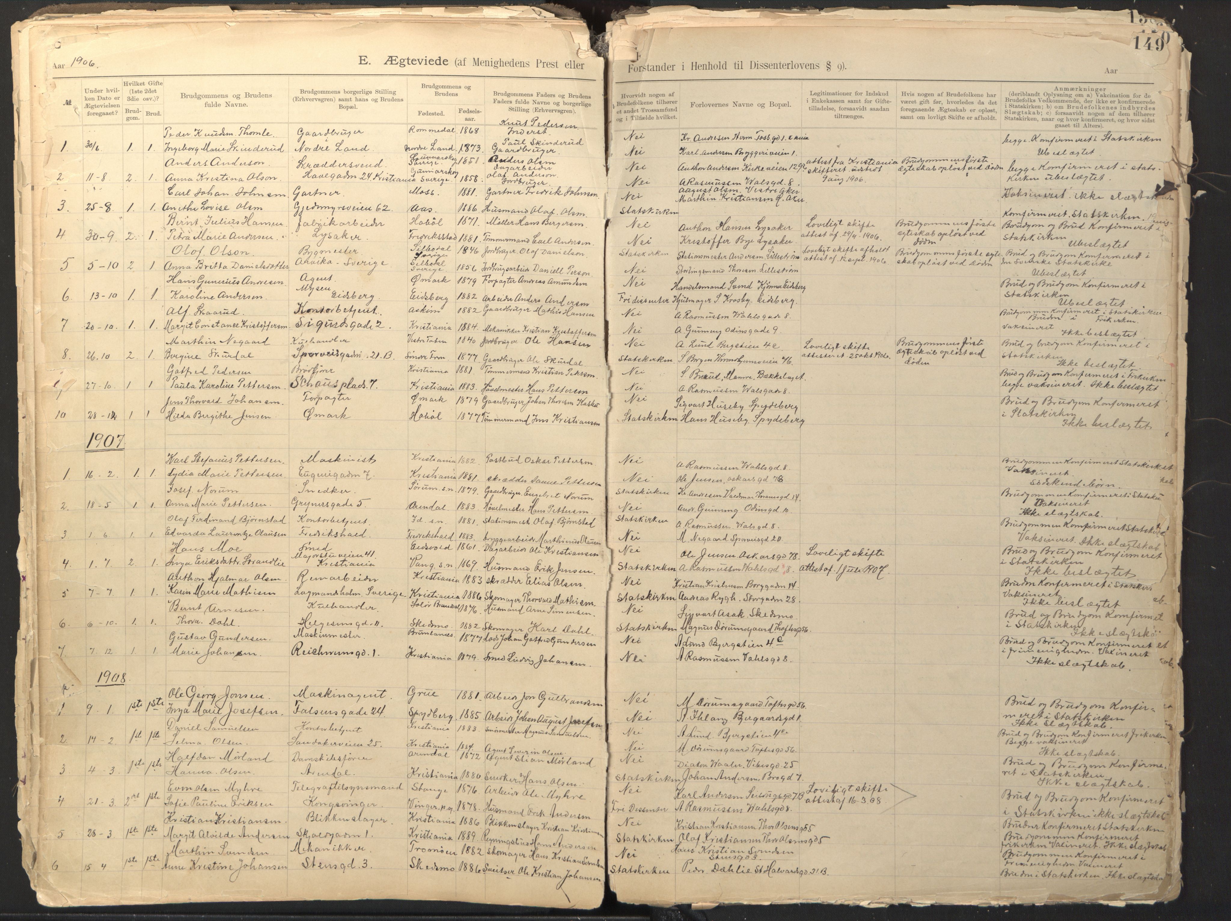 Den evangelisk-lutherske frikirke østre menighet, Oslo, SAO/PAO-0245/F/L0002: Dissenter register no. 2, 1892-1936, p. 149