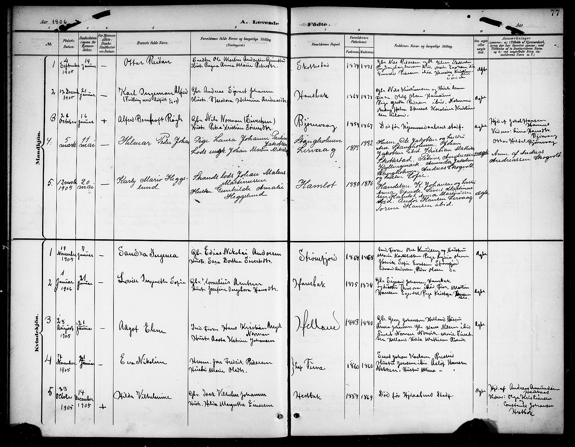 Ministerialprotokoller, klokkerbøker og fødselsregistre - Nordland, AV/SAT-A-1459/859/L0860: Parish register (copy) no. 859C06, 1899-1909, p. 77
