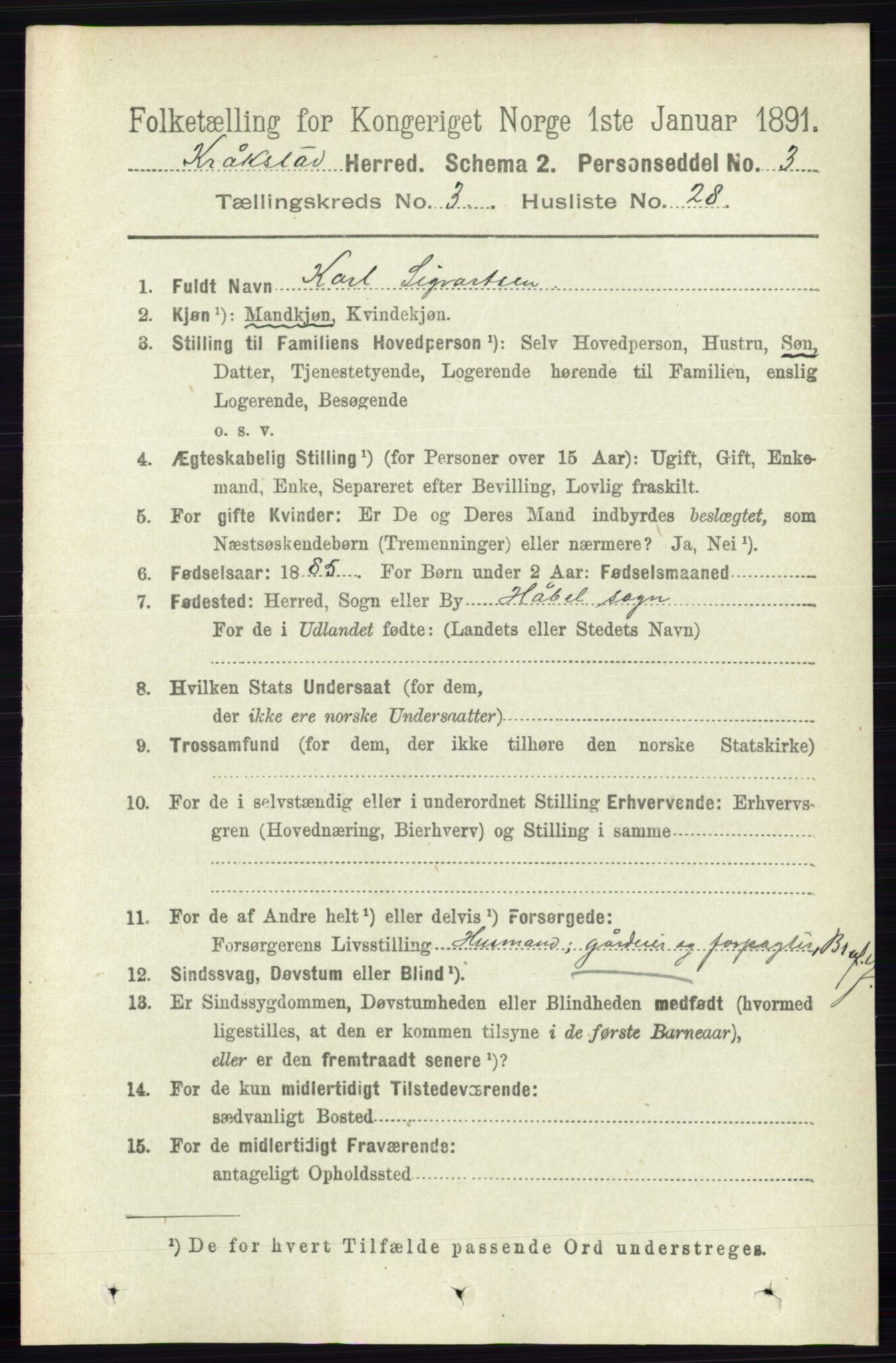 RA, 1891 census for 0212 Kråkstad, 1891, p. 1364