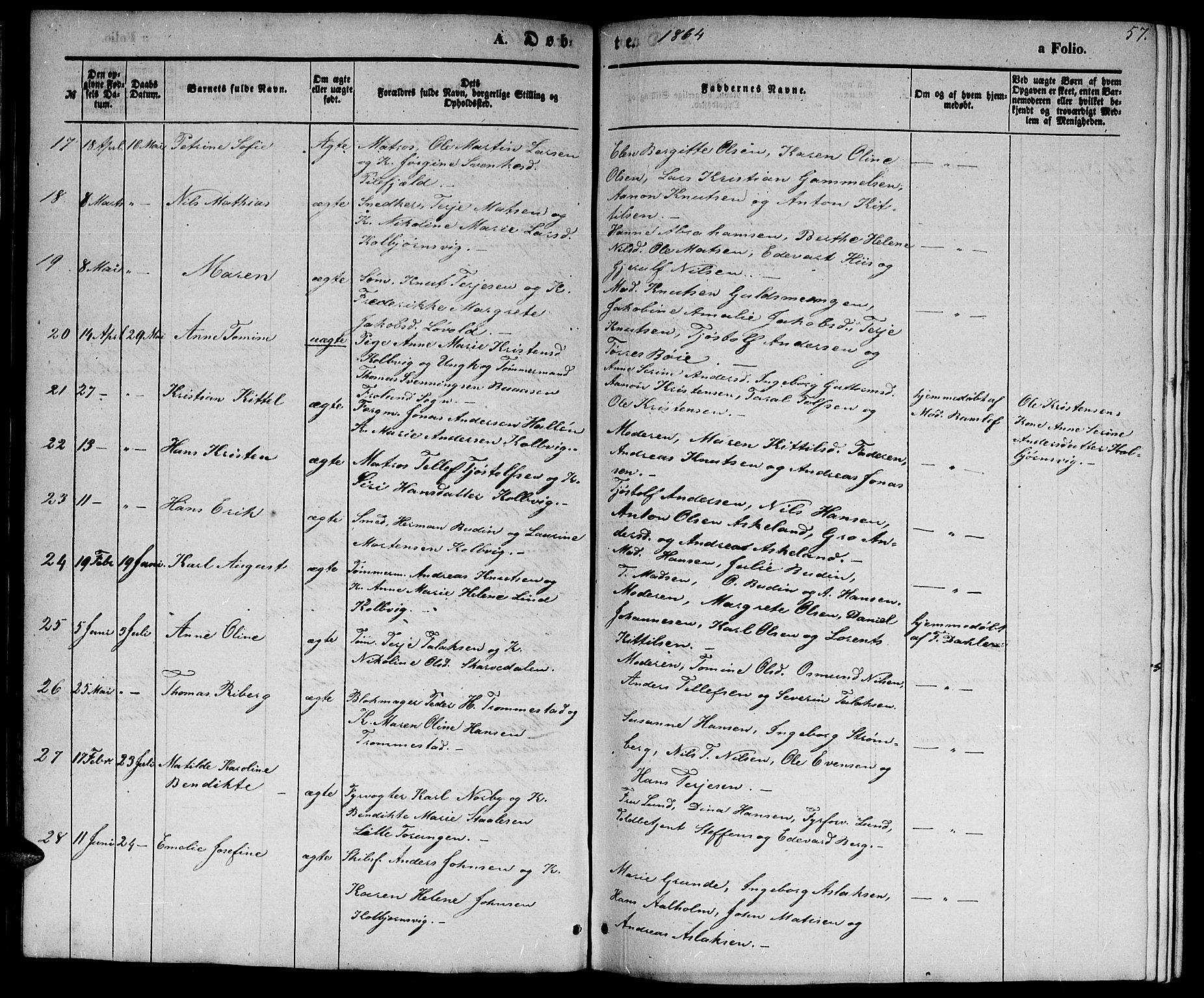 Hisøy sokneprestkontor, AV/SAK-1111-0020/F/Fb/L0001: Parish register (copy) no. B 1, 1849-1872, p. 57